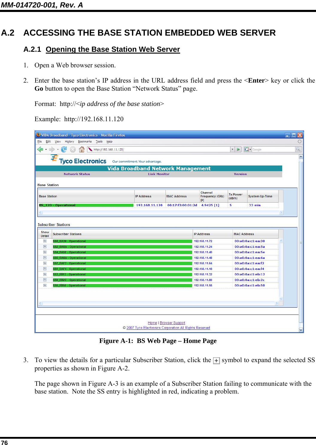 MM-014720-001, Rev. A 76 A.2  ACCESSING THE BASE STATION EMBEDDED WEB SERVER A.2.1  Opening the Base Station Web Server 1. Open a Web browser session. 2. Enter the base station’s IP address in the URL address field and press the &lt;Enter&gt; key or click the Go button to open the Base Station “Network Status” page. Format:  http://&lt;ip address of the base station&gt; Example:  http://192.168.11.120  Figure A-1:  BS Web Page – Home Page 3. To view the details for a particular Subscriber Station, click the   symbol to expand the selected SS properties as shown in Figure A-2. The page shown in Figure A-3 is an example of a Subscriber Station failing to communicate with the base station.  Note the SS entry is highlighted in red, indicating a problem. 