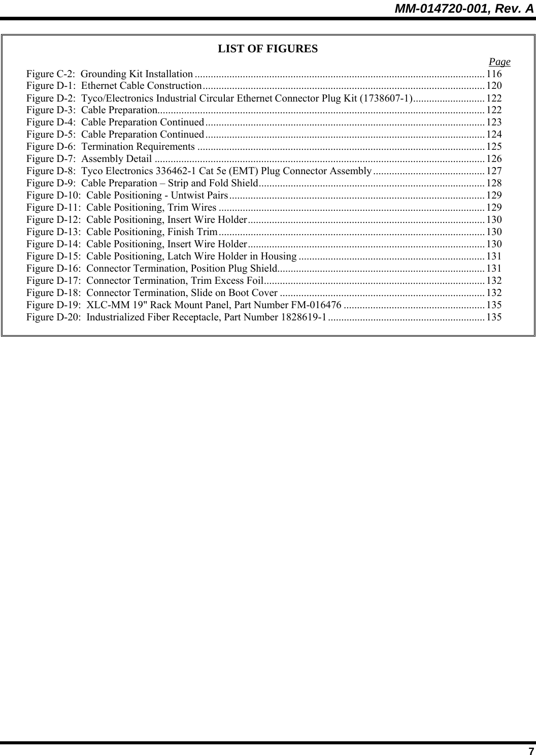 MM-014720-001, Rev. A  7 LIST OF FIGURES  Page Figure C-2:  Grounding Kit Installation .............................................................................................................116 Figure D-1:  Ethernet Cable Construction..........................................................................................................120 Figure D-2:  Tyco/Electronics Industrial Circular Ethernet Connector Plug Kit (1738607-1)........................... 122 Figure D-3:  Cable Preparation........................................................................................................................... 122 Figure D-4:  Cable Preparation Continued ......................................................................................................... 123 Figure D-5:  Cable Preparation Continued ......................................................................................................... 124 Figure D-6:  Termination Requirements ............................................................................................................ 125 Figure D-7:  Assembly Detail ............................................................................................................................126 Figure D-8:  Tyco Electronics 336462-1 Cat 5e (EMT) Plug Connector Assembly .......................................... 127 Figure D-9:  Cable Preparation – Strip and Fold Shield..................................................................................... 128 Figure D-10:  Cable Positioning - Untwist Pairs................................................................................................ 129 Figure D-11:  Cable Positioning, Trim Wires .................................................................................................... 129 Figure D-12:  Cable Positioning, Insert Wire Holder......................................................................................... 130 Figure D-13:  Cable Positioning, Finish Trim.................................................................................................... 130 Figure D-14:  Cable Positioning, Insert Wire Holder......................................................................................... 130 Figure D-15:  Cable Positioning, Latch Wire Holder in Housing ...................................................................... 131 Figure D-16:  Connector Termination, Position Plug Shield.............................................................................. 131 Figure D-17:  Connector Termination, Trim Excess Foil................................................................................... 132 Figure D-18:  Connector Termination, Slide on Boot Cover ............................................................................. 132 Figure D-19:  XLC-MM 19&quot; Rack Mount Panel, Part Number FM-016476 ..................................................... 135 Figure D-20:  Industrialized Fiber Receptacle, Part Number 1828619-1...........................................................135  