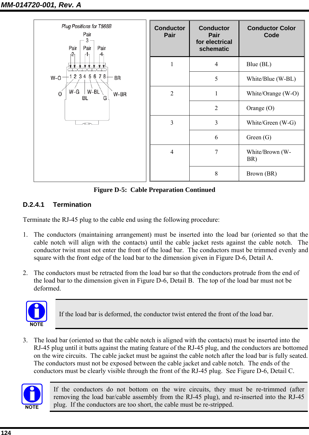 MM-014720-001, Rev. A 124  Conductor Pair  Conductor Pair  for electrical schematic Conductor Color Code 4 Blue (BL) 1 5 White/Blue (W-BL) 1 White/Orange (W-O) 2 2 Orange (O) 3 White/Green (W-G) 3 6 Green (G) 7 White/Brown (W-BR) 4 8 Brown (BR)  Figure D-5:  Cable Preparation Continued D.2.4.1 Termination Terminate the RJ-45 plug to the cable end using the following procedure: 1. The conductors (maintaining arrangement) must be inserted into the load bar (oriented so that the cable notch will align with the contacts) until the cable jacket rests against the cable notch.  The conductor twist must not enter the front of the load bar.  The conductors must be trimmed evenly and square with the front edge of the load bar to the dimension given in Figure D-6, Detail A. 2. The conductors must be retracted from the load bar so that the conductors protrude from the end of the load bar to the dimension given in Figure D-6, Detail B.  The top of the load bar must not be deformed.   If the load bar is deformed, the conductor twist entered the front of the load bar. 3. The load bar (oriented so that the cable notch is aligned with the contacts) must be inserted into the RJ-45 plug until it butts against the mating feature of the RJ-45 plug, and the conductors are bottomed on the wire circuits.  The cable jacket must be against the cable notch after the load bar is fully seated.  The conductors must not be exposed between the cable jacket and cable notch.  The ends of the conductors must be clearly visible through the front of the RJ-45 plug.  See Figure D-6, Detail C.   If the conductors do not bottom on the wire circuits, they must be re-trimmed (after removing the load bar/cable assembly from the RJ-45 plug), and re-inserted into the RJ-45 plug.  If the conductors are too short, the cable must be re-stripped. 