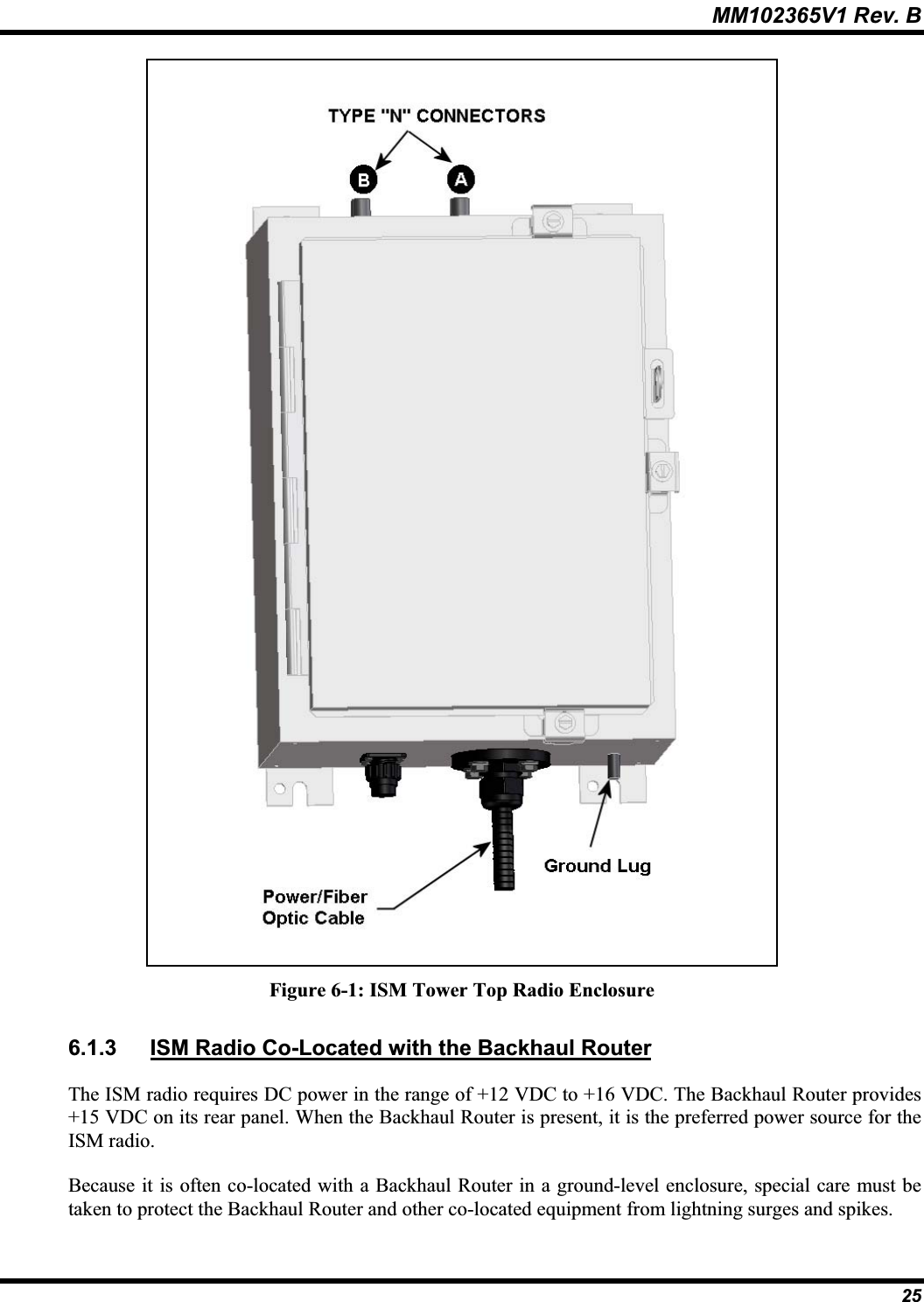 MM102365V1 Rev. B Figure 6-1: ISM Tower Top Radio Enclosure 6.1.3 ISM Radio Co-Located with the Backhaul RouterThe ISM radio requires DC power in the range of +12 VDC to +16 VDC. The Backhaul Router provides +15 VDC on its rear panel. When the Backhaul Router is present, it is the preferred power source for the ISM radio. Because it is often co-located with a Backhaul Router in a ground-level enclosure, special care must be taken to protect the Backhaul Router and other co-located equipment from lightning surges and spikes. 25