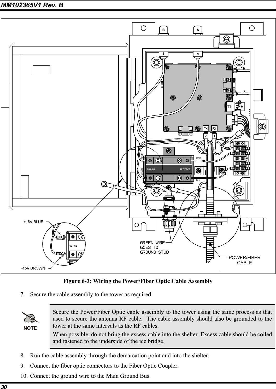 MM102365V1 Rev. B Figure 6-3: Wiring the Power/Fiber Optic Cable Assembly 7. Secure the cable assembly to the tower as required. NOTESecure the Power/Fiber Optic cable assembly to the tower using the same process as that used to secure the antenna RF cable.  The cable assembly should also be grounded to the tower at the same intervals as the RF cables.When possible, do not bring the excess cable into the shelter. Excess cable should be coiled and fastened to the underside of the ice bridge. 8. Run the cable assembly through the demarcation point and into the shelter. 9. Connect the fiber optic connectors to the Fiber Optic Coupler. 10. Connect the ground wire to the Main Ground Bus. 30