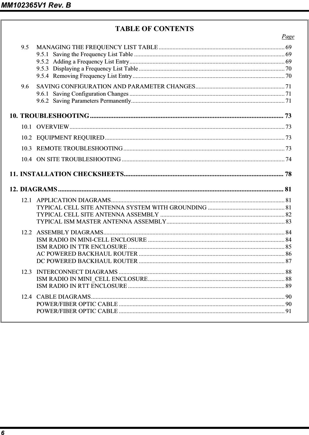 MM102365V1 Rev. B TABLE OF CONTENTS Page9.5 MANAGING THE FREQUENCY LIST TABLE .................................................................................. 699.5.1 Saving the Frequency List Table .................................................................................................. 699.5.2 Adding a Frequency List Entry..................................................................................................... 699.5.3 Displaying a Frequency List Table ............................................................................................... 709.5.4 Removing Frequency List Entry................................................................................................... 709.6 SAVING CONFIGURATION AND PARAMETER CHANGES.......................................................... 719.6.1 Saving Configuration Changes ..................................................................................................... 719.6.2 Saving Parameters Permanently.................................................................................................... 7110. TROUBLESHOOTING ................................................................................................................... 7310.1 OVERVIEW............................................................................................................................................ 7310.2 EQUIPMENT REQUIRED..................................................................................................................... 7310.3 REMOTE TROUBLESHOOTING ......................................................................................................... 7310.4 ON SITE TROUBLESHOOTING .......................................................................................................... 7411. INSTALLATION CHECKSHEETS............................................................................................... 7812. DIAGRAMS ...................................................................................................................................... 8112.1 APPLICATION DIAGRAMS................................................................................................................. 81TYPICAL CELL SITE ANTENNA SYSTEM WITH GROUNDING .................................................. 81TYPICAL CELL SITE ANTENNA ASSEMBLY ................................................................................. 82TYPICAL ISM MASTER ANTENNA ASSEMBLY............................................................................. 8312.2 ASSEMBLY DIAGRAMS...................................................................................................................... 84ISM RADIO IN MINI-CELL ENCLOSURE ......................................................................................... 84ISM RADIO IN TTR ENCLOSURE ......................................................................................................85AC POWERED BACKHAUL ROUTER ............................................................................................... 86DC POWERED BACKHAUL ROUTER ............................................................................................... 8712.3 INTERCONNECT DIAGRAMS ............................................................................................................ 88ISM RADIO IN MINI_CELL ENCLOSURE......................................................................................... 88ISM RADIO IN RTT ENCLOSURE ......................................................................................................8912.4 CABLE DIAGRAMS.............................................................................................................................. 90POWER/FIBER OPTIC CABLE ............................................................................................................ 90POWER/FIBER OPTIC CABLE ............................................................................................................ 916
