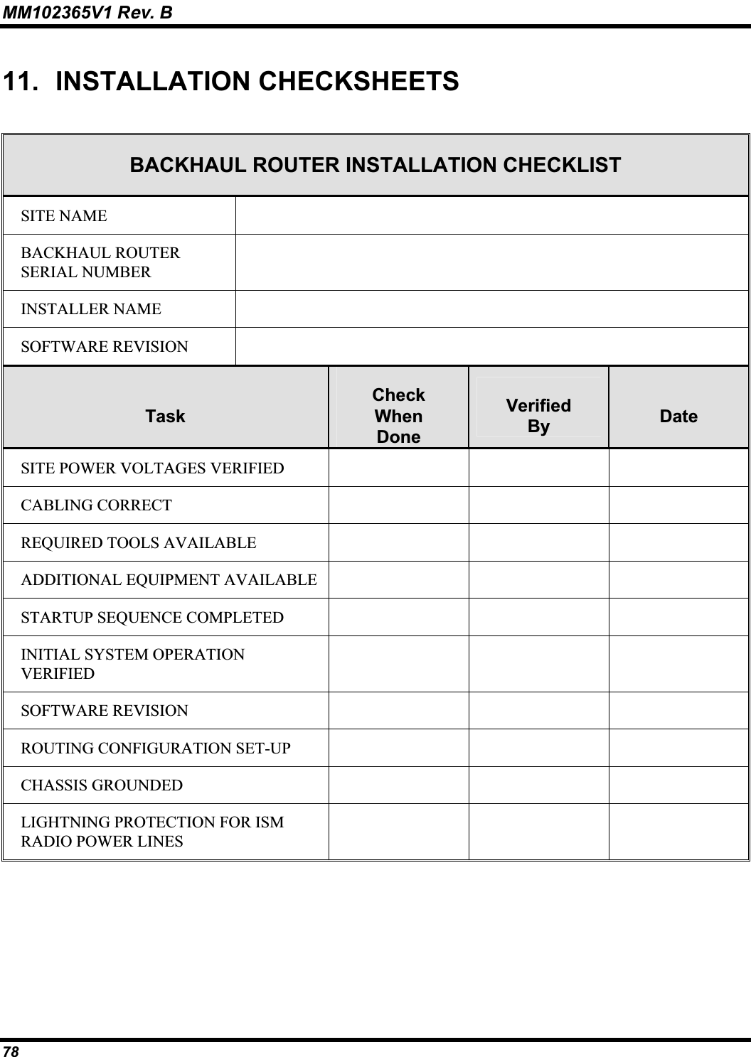MM102365V1 Rev. B 11. INSTALLATION CHECKSHEETSBACKHAUL ROUTER INSTALLATION CHECKLIST SITE NAME BACKHAUL ROUTERSERIAL NUMBER INSTALLER NAME SOFTWARE REVISION TaskCheckWhenDoneVerifiedBy DateSITE POWER VOLTAGES VERIFIED CABLING CORRECT REQUIRED TOOLS AVAILABLE ADDITIONAL EQUIPMENT AVAILABLE STARTUP SEQUENCE COMPLETED INITIAL SYSTEM OPERATION VERIFIEDSOFTWARE REVISION ROUTING CONFIGURATION SET-UP CHASSIS GROUNDED LIGHTNING PROTECTION FOR ISM RADIO POWER LINES 78