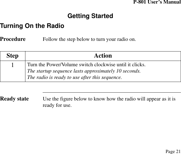 P-801 User’s ManualPage 21Getting StartedTurning On the RadioProcedure Follow the step below to turn your radio on.Ready state Use the figure below to know how the radio will appear as it is ready for use.Step Action1Turn the Power/Volume switch clockwise until it clicks.The startup sequence lasts approximately 10 seconds. The radio is ready to use after this sequence.