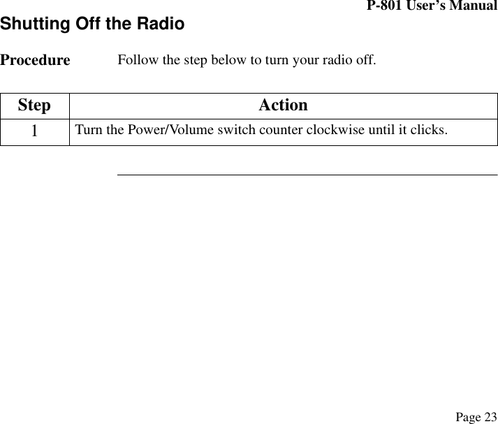 P-801 User’s ManualPage 23Shutting Off the RadioProcedure Follow the step below to turn your radio off.Step Action1Turn the Power/Volume switch counter clockwise until it clicks.