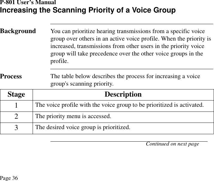P-801 User’s ManualPage 36Increasing the Scanning Priority of a Voice GroupBackground You can prioritize hearing transmissions from a specific voice group over others in an active voice profile. When the priority is increased, transmissions from other users in the priority voice group will take precedence over the other voice groups in the profile. Process The table below describes the process for increasing a voice group&apos;s scanning priority.Continued on next pageStage Description1The voice profile with the voice group to be prioritized is activated.2The priority menu is accessed.3The desired voice group is prioritized.