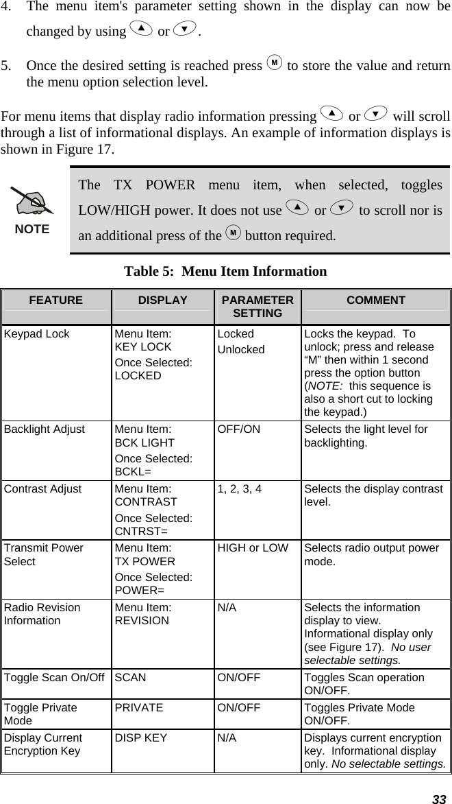  33 4. The menu item&apos;s parameter setting shown in the display can now be changed by using  or . 5. Once the desired setting is reached press  to store the value and return the menu option selection level. For menu items that display radio information pressing  or  will scroll through a list of informational displays. An example of information displays is shown in Figure 17. NOTE The TX POWER menu item, when selected, toggles LOW/HIGH power. It does not use  or  to scroll nor is an additional press of the  button required. Table 5:  Menu Item Information FEATURE  DISPLAY  PARAMETER SETTING  COMMENT Keypad Lock  Menu Item: KEY LOCK Once Selected:  LOCKED Locked Unlocked Locks the keypad.  To unlock; press and release “M” then within 1 second press the option button (NOTE:  this sequence is also a short cut to locking the keypad.) Backlight Adjust  Menu Item: BCK LIGHT Once Selected: BCKL= OFF/ON  Selects the light level for backlighting. Contrast Adjust  Menu Item: CONTRAST Once Selected: CNTRST= 1, 2, 3, 4  Selects the display contrast level. Transmit Power Select  Menu Item:   TX POWER   Once Selected: POWER= HIGH or LOW  Selects radio output power mode. Radio Revision Information  Menu Item: REVISION  N/A  Selects the information display to view.  Informational display only (see Figure 17).  No user selectable settings. Toggle Scan On/Off  SCAN  ON/OFF  Toggles Scan operation ON/OFF. Toggle Private Mode  PRIVATE  ON/OFF  Toggles Private Mode ON/OFF.  Display Current Encryption Key  DISP KEY  N/A  Displays current encryption key.  Informational display only. No selectable settings. 