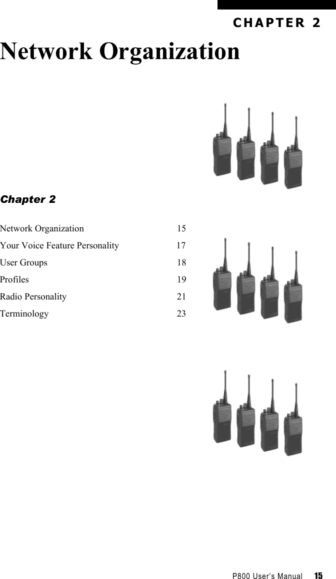      P800 User’s Manual     15 CHAPTER 2 Network Organization      Chapter 2  Network Organization  15 Your Voice Feature Personality           17 User Groups  18 Profiles         19 Radio Personality  21 Terminology 23                              