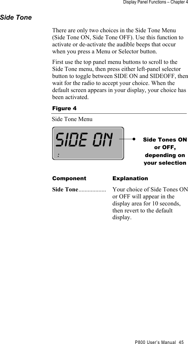  Display Panel Functions – Chapter 4                                            P800 User’s Manual  45 Side Tone There are only two choices in the Side Tone Menu (Side Tone ON, Side Tone OFF). Use this function to activate or de-activate the audible beeps that occur when you press a Menu or Selector button. First use the top panel menu buttons to scroll to the Side Tone menu, then press either left-panel selector button to toggle between SIDE ON and SIDEOFF, then wait for the radio to accept your choice. When the default screen appears in your display, your choice has been activated. Figure 4 Side Tone Menu   Component Explanation Side Tone.................. Your choice of Side Tones ON or OFF will appear in the display area for 10 seconds, then revert to the default display.  Side Tones ON or OFF, depending on your selection 