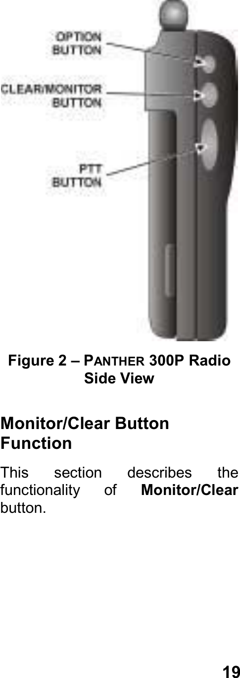 19Figure 2 – PANTHER 300P RadioSide ViewMonitor/Clear ButtonFunctionThis  section  describes  thefunctionality  of  Monitor/Clearbutton.