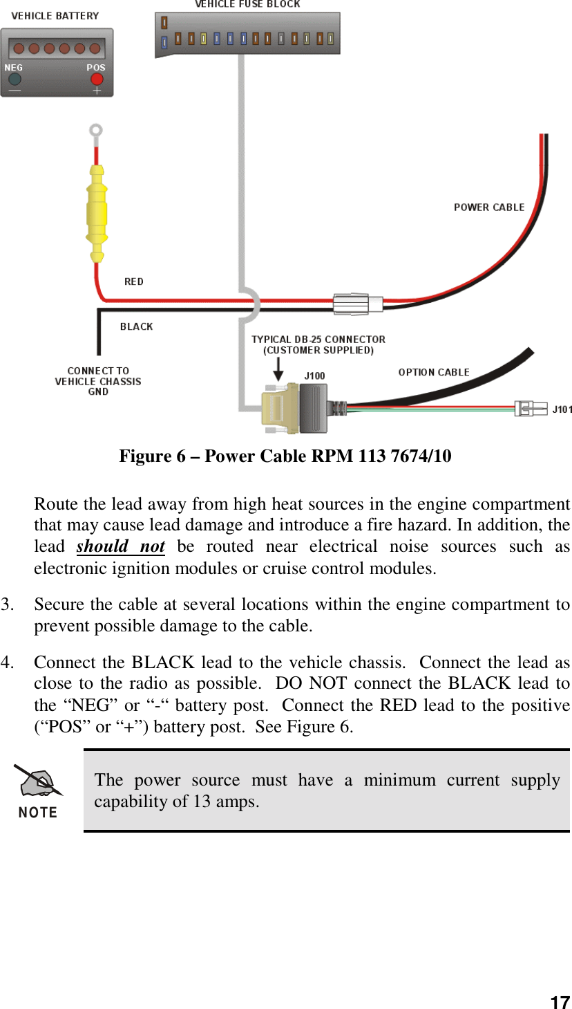 17Figure 6 – Power Cable RPM 113 7674/10Route the lead away from high heat sources in the engine compartmentthat may cause lead damage and introduce a fire hazard. In addition, thelead  should not be routed near electrical noise sources such aselectronic ignition modules or cruise control modules.3. Secure the cable at several locations within the engine compartment toprevent possible damage to the cable.4. Connect the BLACK lead to the vehicle chassis.  Connect the lead asclose to the radio as possible.  DO NOT connect the BLACK lead tothe “NEG” or “-“ battery post.  Connect the RED lead to the positive(“POS” or “+”) battery post.  See Figure 6.NOTEThe power source must have a minimum current supplycapability of 13 amps.