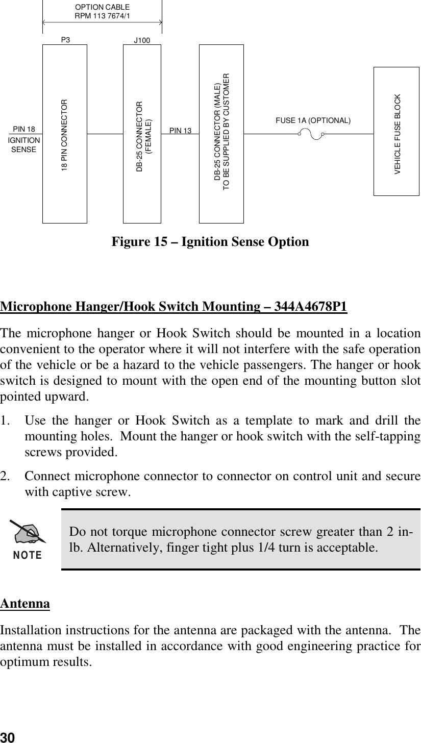30OPTION CABLERPM 113 7674/1PIN 18IGNITIONSENSE18 PIN CONNECTORDB-25 CONNECTOR(FEMALE)P3 J100PIN 13DB-25 CONNECTOR (MALE)TO BE SUPPLIED BY CUSTOMERFUSE 1A (OPTIONAL)VEHICLE FUSE BLOCKFigure 15 – Ignition Sense OptionMicrophone Hanger/Hook Switch Mounting – 344A4678P1The microphone hanger or Hook Switch should be mounted in a locationconvenient to the operator where it will not interfere with the safe operationof the vehicle or be a hazard to the vehicle passengers. The hanger or hookswitch is designed to mount with the open end of the mounting button slotpointed upward.1. Use the hanger or Hook Switch as a template to mark and drill themounting holes.  Mount the hanger or hook switch with the self-tappingscrews provided.2. Connect microphone connector to connector on control unit and securewith captive screw.NOTEDo not torque microphone connector screw greater than 2 in-lb. Alternatively, finger tight plus 1/4 turn is acceptable.AntennaInstallation instructions for the antenna are packaged with the antenna.  Theantenna must be installed in accordance with good engineering practice foroptimum results.