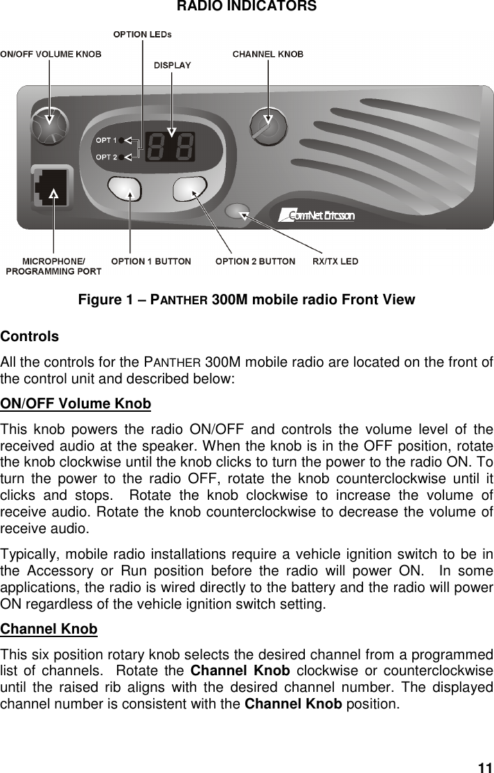 11RADIO INDICATORSFigure 1 – PANTHER 300M mobile radio Front ViewControlsAll the controls for the PANTHER 300M mobile radio are located on the front ofthe control unit and described below:ON/OFF Volume KnobThis knob powers the radio ON/OFF and controls the volume level of thereceived audio at the speaker. When the knob is in the OFF position, rotatethe knob clockwise until the knob clicks to turn the power to the radio ON. Toturn the power to the radio OFF, rotate the knob counterclockwise until itclicks and stops.  Rotate the knob clockwise to increase the volume ofreceive audio. Rotate the knob counterclockwise to decrease the volume ofreceive audio.Typically, mobile radio installations require a vehicle ignition switch to be inthe Accessory or Run position before the radio will power ON.  In someapplications, the radio is wired directly to the battery and the radio will powerON regardless of the vehicle ignition switch setting.Channel KnobThis six position rotary knob selects the desired channel from a programmedlist of channels.  Rotate the Channel Knob clockwise or counterclockwiseuntil the raised rib aligns with the desired channel number. The displayedchannel number is consistent with the Channel Knob position.