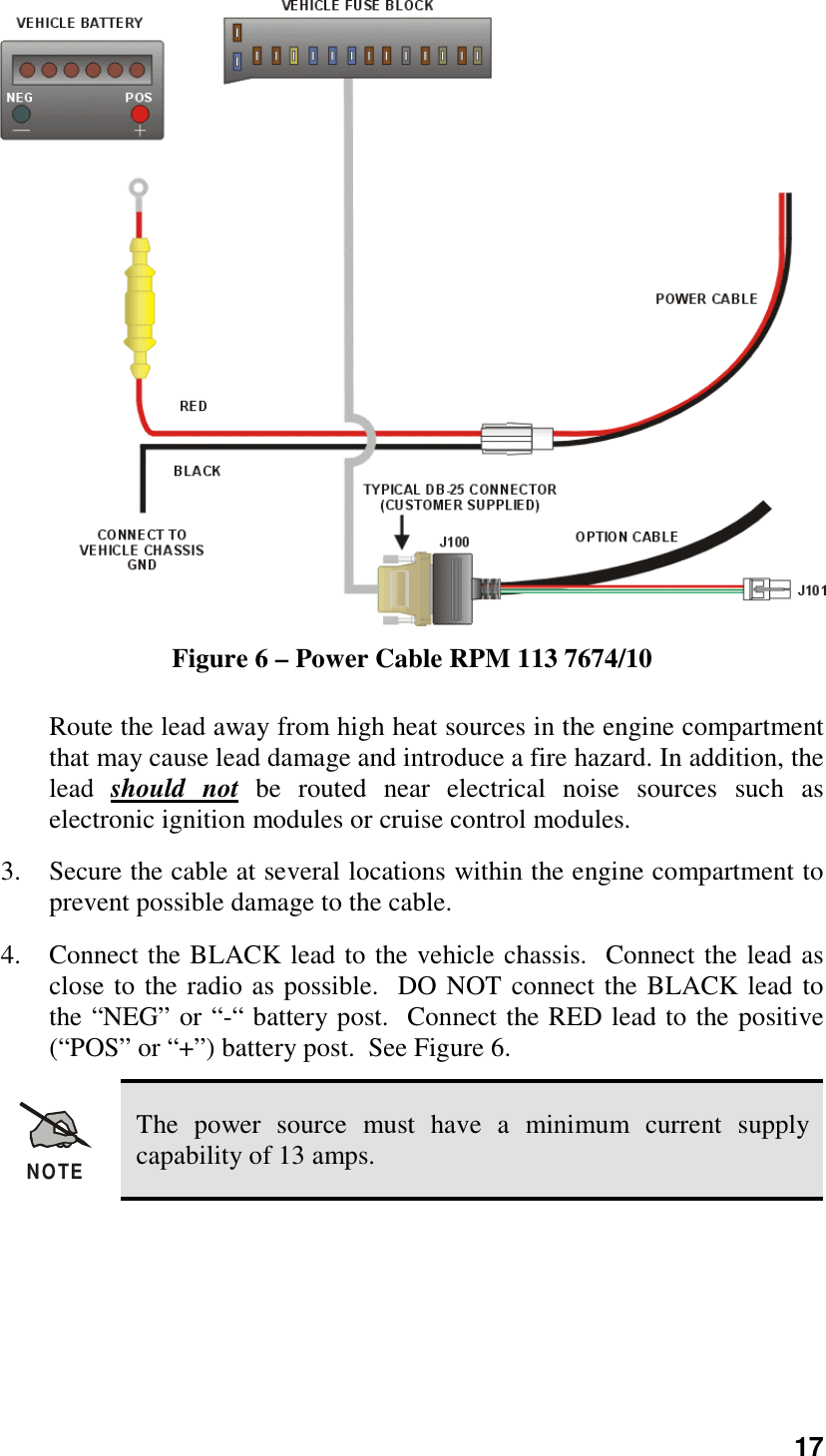 17Figure 6 – Power Cable RPM 113 7674/10Route the lead away from high heat sources in the engine compartmentthat may cause lead damage and introduce a fire hazard. In addition, thelead  should not be routed near electrical noise sources such aselectronic ignition modules or cruise control modules.3. Secure the cable at several locations within the engine compartment toprevent possible damage to the cable.4. Connect the BLACK lead to the vehicle chassis.  Connect the lead asclose to the radio as possible.  DO NOT connect the BLACK lead tothe “NEG” or “-“ battery post.  Connect the RED lead to the positive(“POS” or “+”) battery post.  See Figure 6.NOTEThe power source must have a minimum current supplycapability of 13 amps.