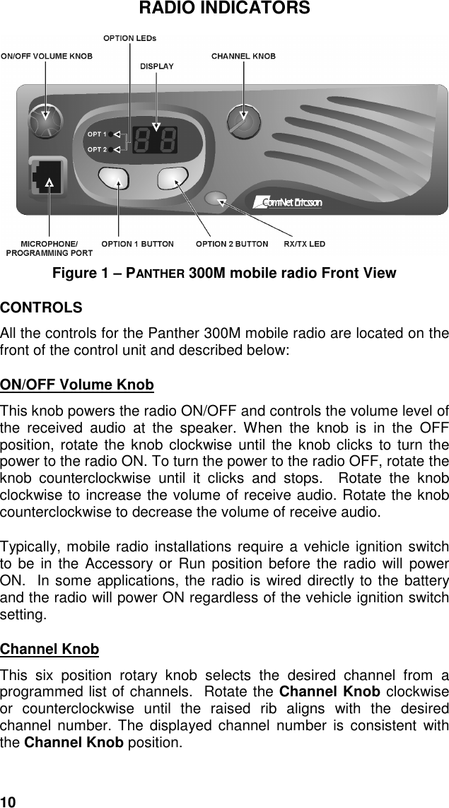 10RADIO INDICATORSFigure 1 – PANTHER 300M mobile radio Front ViewCONTROLSAll the controls for the Panther 300M mobile radio are located on thefront of the control unit and described below:ON/OFF Volume KnobThis knob powers the radio ON/OFF and controls the volume level ofthe received audio at the speaker. When the knob is in the OFFposition, rotate the knob clockwise until the knob clicks to turn thepower to the radio ON. To turn the power to the radio OFF, rotate theknob counterclockwise until it clicks and stops.  Rotate the knobclockwise to increase the volume of receive audio. Rotate the knobcounterclockwise to decrease the volume of receive audio.Typically, mobile radio installations require a vehicle ignition switchto be in the Accessory or Run position before the radio will powerON.  In some applications, the radio is wired directly to the batteryand the radio will power ON regardless of the vehicle ignition switchsetting.Channel KnobThis six position rotary knob selects the desired channel from aprogrammed list of channels.  Rotate the Channel Knob clockwiseor counterclockwise until the raised rib aligns with the desiredchannel number. The displayed channel number is consistent withthe Channel Knob position.