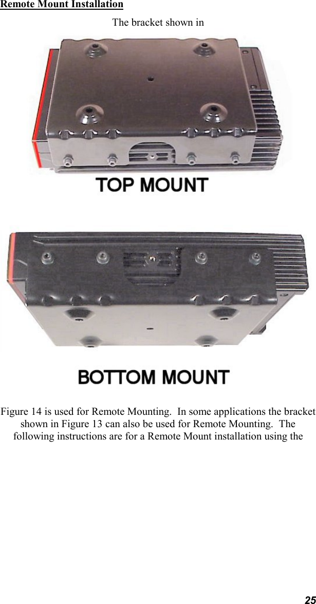 25Remote Mount InstallationThe bracket shown inFigure 14 is used for Remote Mounting.  In some applications the bracketshown in Figure 13 can also be used for Remote Mounting.  Thefollowing instructions are for a Remote Mount installation using the