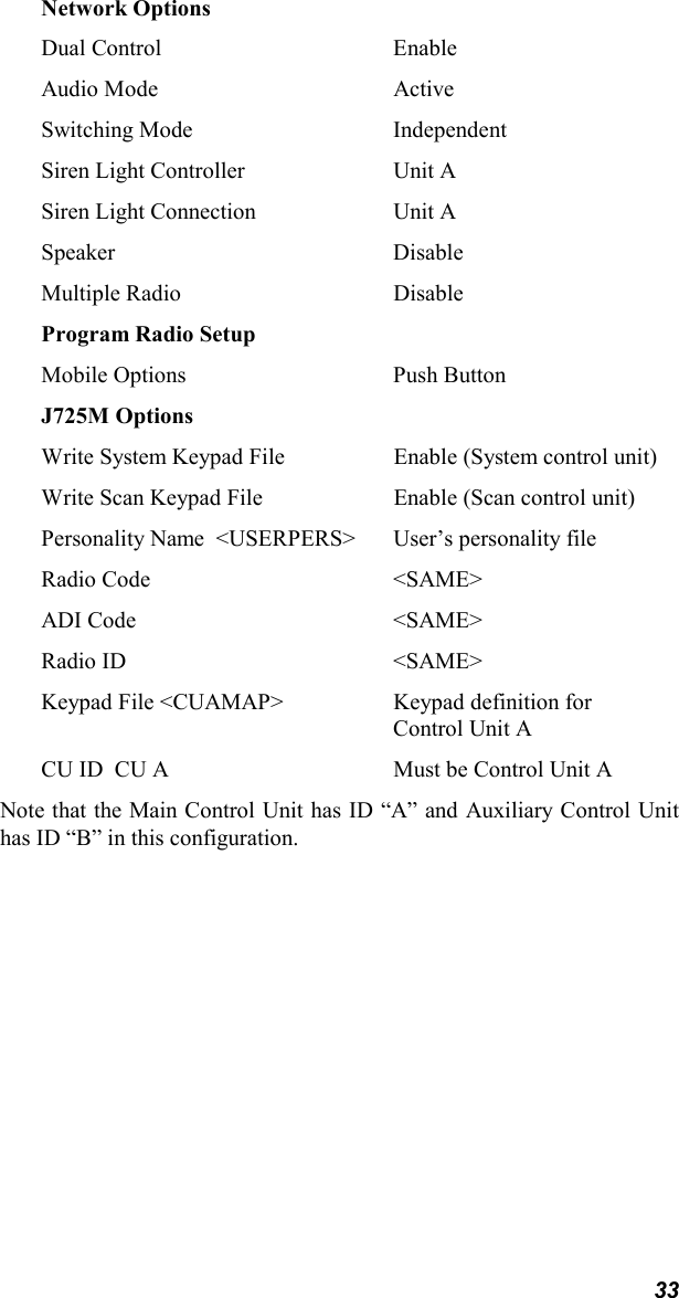 33Network OptionsDual Control EnableAudio Mode ActiveSwitching Mode IndependentSiren Light Controller Unit ASiren Light Connection Unit ASpeaker DisableMultiple Radio DisableProgram Radio SetupMobile Options Push ButtonJ725M OptionsWrite System Keypad File Enable (System control unit)Write Scan Keypad File Enable (Scan control unit)Personality Name  &lt;USERPERS&gt; User’s personality fileRadio Code  &lt;SAME&gt;ADI Code &lt;SAME&gt;Radio ID &lt;SAME&gt;Keypad File &lt;CUAMAP&gt; Keypad definition forControl Unit ACU ID  CU A Must be Control Unit ANote that the Main Control Unit has ID “A” and Auxiliary Control Unithas ID “B” in this configuration.