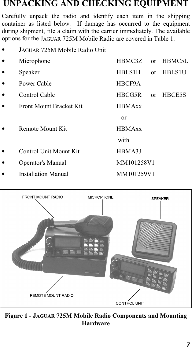 7UNPACKING AND CHECKING EQUIPMENTCarefully unpack the radio and identify each item in the shippingcontainer as listed below.  If damage has occurred to the equipmentduring shipment, file a claim with the carrier immediately. The availableoptions for the JAGUAR 725M Mobile Radio are covered in Table 1.•JAGUAR 725M Mobile Radio Unit•Microphone HBMC3Z or HBMC5L•Speaker HBLS1H or HBLS1U•Power Cable HBCF9A•Control Cable HBCG5R or HBCE5S•Front Mount Bracket Kit HBMAxx   or•Remote Mount Kit HBMAxx with•Control Unit Mount Kit HBMA3J•Operator&apos;s Manual MM101258V1•Installation Manual MM101259V1Figure 1 - JAGUAR 725M Mobile Radio Components and MountingHardware