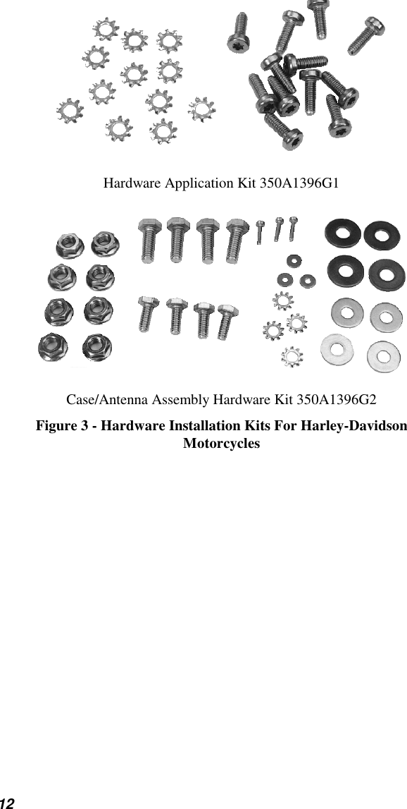 12Hardware Application Kit 350A1396G1Case/Antenna Assembly Hardware Kit 350A1396G2Figure 3 - Hardware Installation Kits For Harley-DavidsonMotorcycles