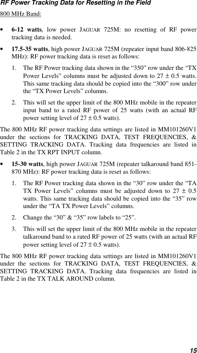 15RF Power Tracking Data for Resetting in the Field800 MHz Band:• 6-12 watts, low power JAGUAR 725M: no resetting of RF powertracking data is needed.• 17.5-35 watts, high power JAGUAR 725M (repeater input band 806-825MHz): RF power tracking data is reset as follows:1. The RF Power tracking data shown in the “350” row under the “TXPower Levels” columns must be adjusted down to 27 ± 0.5 watts.This same tracking data should be copied into the “300” row underthe “TX Power Levels” columns.2. This will set the upper limit of the 800 MHz mobile in the repeaterinput band to a rated RF power of 25 watts (with an actual RFpower setting level of 27 ± 0.5 watts).The 800 MHz RF power tracking data settings are listed in MM101260V1under the sections for TRACKING DATA, TEST FREQUENCIES, &amp;SETTING TRACKING DATA. Tracking data frequencies are listed inTable 2 in the TX RPT INPUT column.• 15-30 watts, high power JAGUAR 725M (repeater talkaround band 851-870 MHz): RF power tracking data is reset as follows:1. The RF Power tracking data shown in the “30” row under the “TATX Power Levels” columns must be adjusted down to 27 ± 0.5watts. This same tracking data should be copied into the “35” rowunder the “TA TX Power Levels” columns.2. Change the “30” &amp; “35” row labels to “25”.3. This will set the upper limit of the 800 MHz mobile in the repeatertalkaround band to a rated RF power of 25 watts (with an actual RFpower setting level of 27 ± 0.5 watts).The 800 MHz RF power tracking data settings are listed in MM101260V1under the sections for TRACKING DATA, TEST FREQUENCIES, &amp;SETTING TRACKING DATA. Tracking data frequencies are listed inTable 2 in the TX TALK AROUND column.