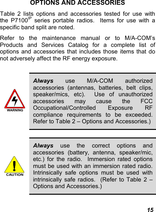  15 OPTIONS AND ACCESSORIES Table 2 lists options and accessories tested for use with the P7100IP series portable radios.  Items for use with a specific band split are noted.   Refer to the maintenance manual or to M/A-COM’s Products and Services Catalog for a complete list of options and accessories that includes those items that do not adversely affect the RF energy exposure.  WARNING Always use M/A-COM authorized accessories (antennas, batteries, belt clips, speaker/mics, etc).  Use of unauthorized accessories may cause the FCC Occupational/Controlled Exposure RF compliance requirements to be exceeded.  Refer to Table 2 – Options and Accessories.)  CAUTION Always use the correct options and accessories (battery, antenna, speaker/mic, etc.) for the radio.  Immersion rated options must be used with an immersion rated radio. Intrinsically safe options must be used with intrinsically safe radios.  (Refer to Table 2 – Options and Accessories.)  