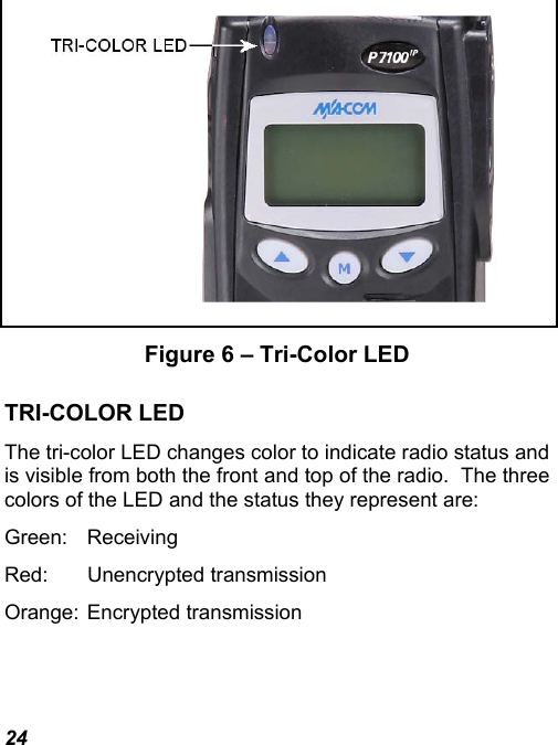 24  Figure 6 – Tri-Color LED TRI-COLOR LED The tri-color LED changes color to indicate radio status and is visible from both the front and top of the radio.  The three colors of the LED and the status they represent are:  Green: Receiving Red: Unencrypted transmission Orange: Encrypted transmission 