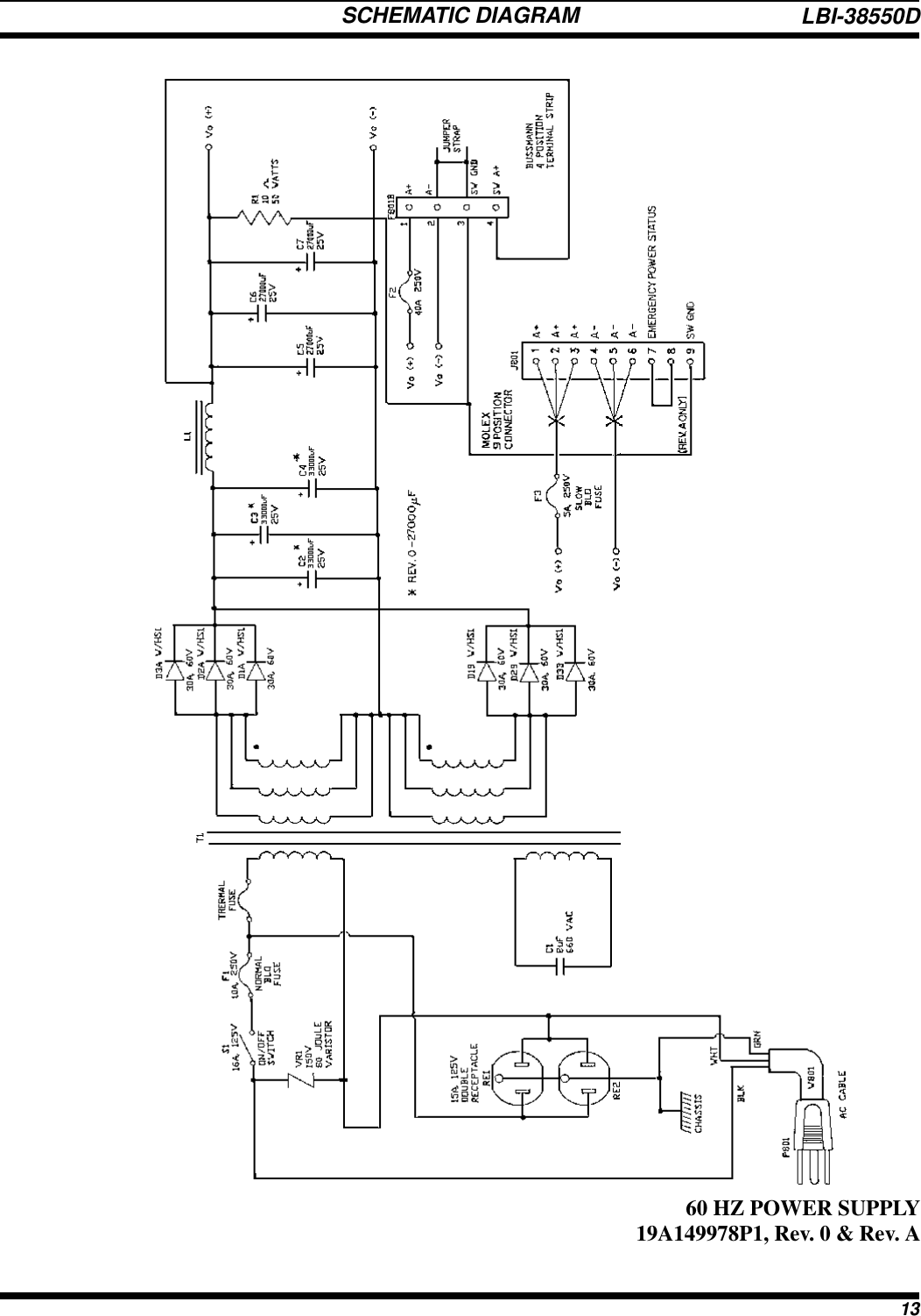 SCHEMATIC DIAGRAM60 HZ POWER SUPPLY19A149978P1, Rev. 0 &amp; Rev. ALBI-38550D13