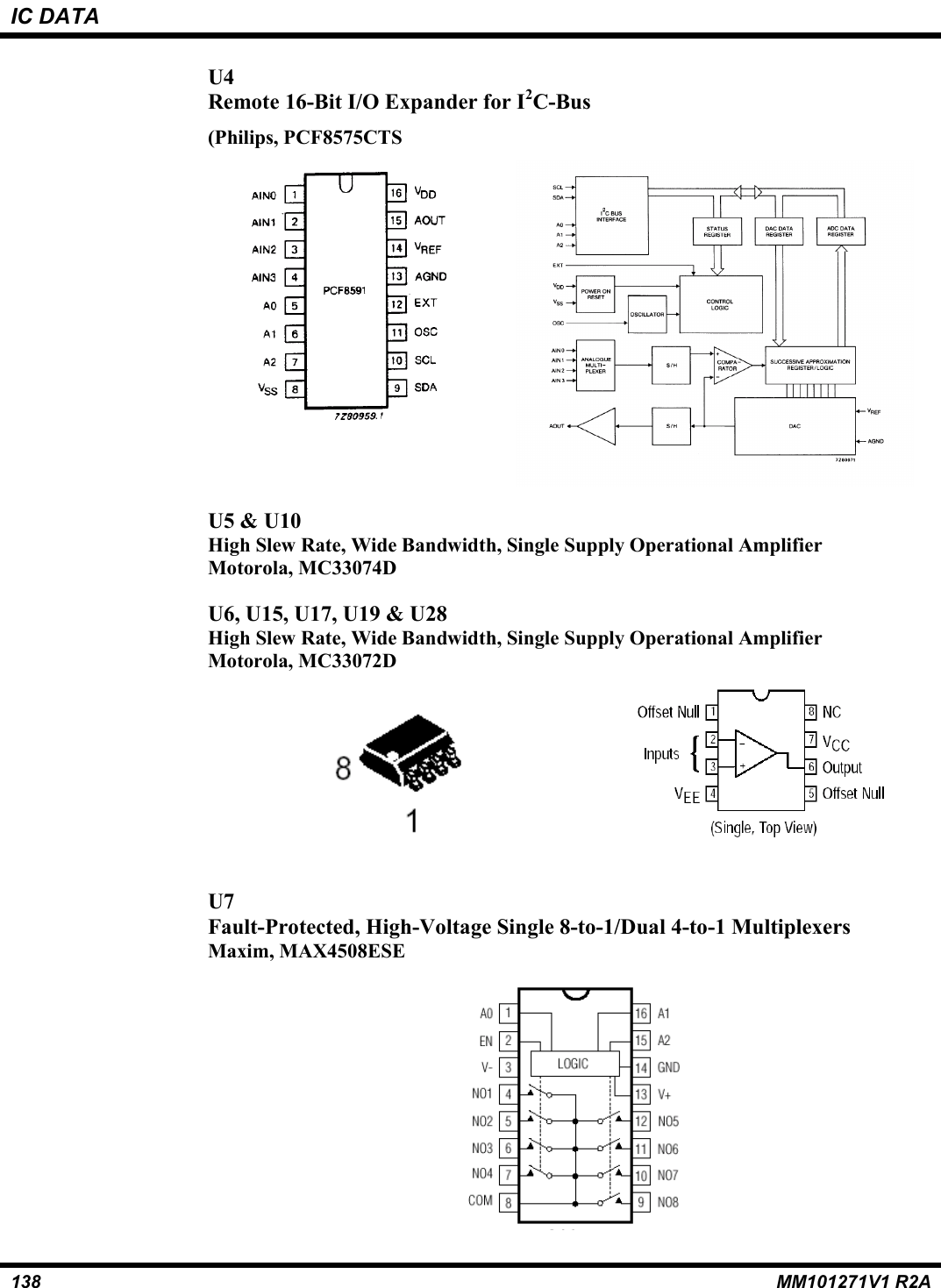 IC DATA138 MM101271V1 R2AU4Remote 16-Bit I/O Expander for I2C-Bus(Philips, PCF8575CTSU5 &amp; U10High Slew Rate, Wide Bandwidth, Single Supply Operational AmplifierMotorola, MC33074DU6, U15, U17, U19 &amp; U28High Slew Rate, Wide Bandwidth, Single Supply Operational AmplifierMotorola, MC33072DU7Fault-Protected, High-Voltage Single 8-to-1/Dual 4-to-1 MultiplexersMaxim, MAX4508ESE