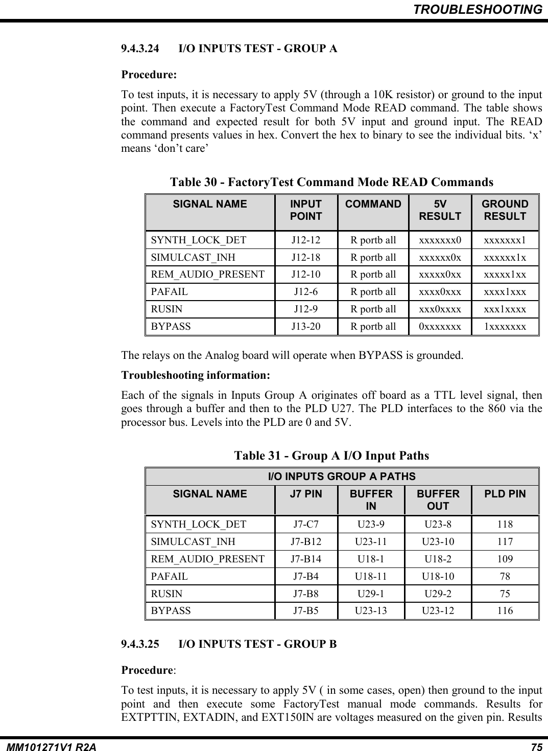 TROUBLESHOOTINGMM101271V1 R2A 759.4.3.24 I/O INPUTS TEST - GROUP AProcedure:To test inputs, it is necessary to apply 5V (through a 10K resistor) or ground to the inputpoint. Then execute a FactoryTest Command Mode READ command. The table showsthe command and expected result for both 5V input and ground input. The READcommand presents values in hex. Convert the hex to binary to see the individual bits. ‘x’means ‘don’t care’Table 30 - FactoryTest Command Mode READ CommandsSIGNAL NAME INPUTPOINTCOMMAND 5VRESULTGROUNDRESULTSYNTH_LOCK_DET J12-12 R portb all xxxxxxx0 xxxxxxx1SIMULCAST_INH J12-18 R portb all xxxxxx0x xxxxxx1xREM_AUDIO_PRESENT J12-10 R portb all xxxxx0xx xxxxx1xxPAFAIL J12-6 R portb all xxxx0xxx xxxx1xxxRUSIN J12-9 R portb all xxx0xxxx xxx1xxxxBYPASS J13-20 R portb all 0xxxxxxx 1xxxxxxxThe relays on the Analog board will operate when BYPASS is grounded.Troubleshooting information:Each of the signals in Inputs Group A originates off board as a TTL level signal, thengoes through a buffer and then to the PLD U27. The PLD interfaces to the 860 via theprocessor bus. Levels into the PLD are 0 and 5V.Table 31 - Group A I/O Input PathsI/O INPUTS GROUP A PATHSSIGNAL NAME J7 PIN BUFFERINBUFFEROUTPLD PINSYNTH_LOCK_DET J7-C7 U23-9 U23-8 118SIMULCAST_INH J7-B12 U23-11 U23-10 117REM_AUDIO_PRESENT J7-B14 U18-1 U18-2 109PAFAIL J7-B4 U18-11 U18-10 78RUSIN J7-B8 U29-1 U29-2 75BYPASS J7-B5 U23-13 U23-12 1169.4.3.25 I/O INPUTS TEST - GROUP BProcedure:To test inputs, it is necessary to apply 5V ( in some cases, open) then ground to the inputpoint and then execute some FactoryTest manual mode commands. Results forEXTPTTIN, EXTADIN, and EXT150IN are voltages measured on the given pin. Results