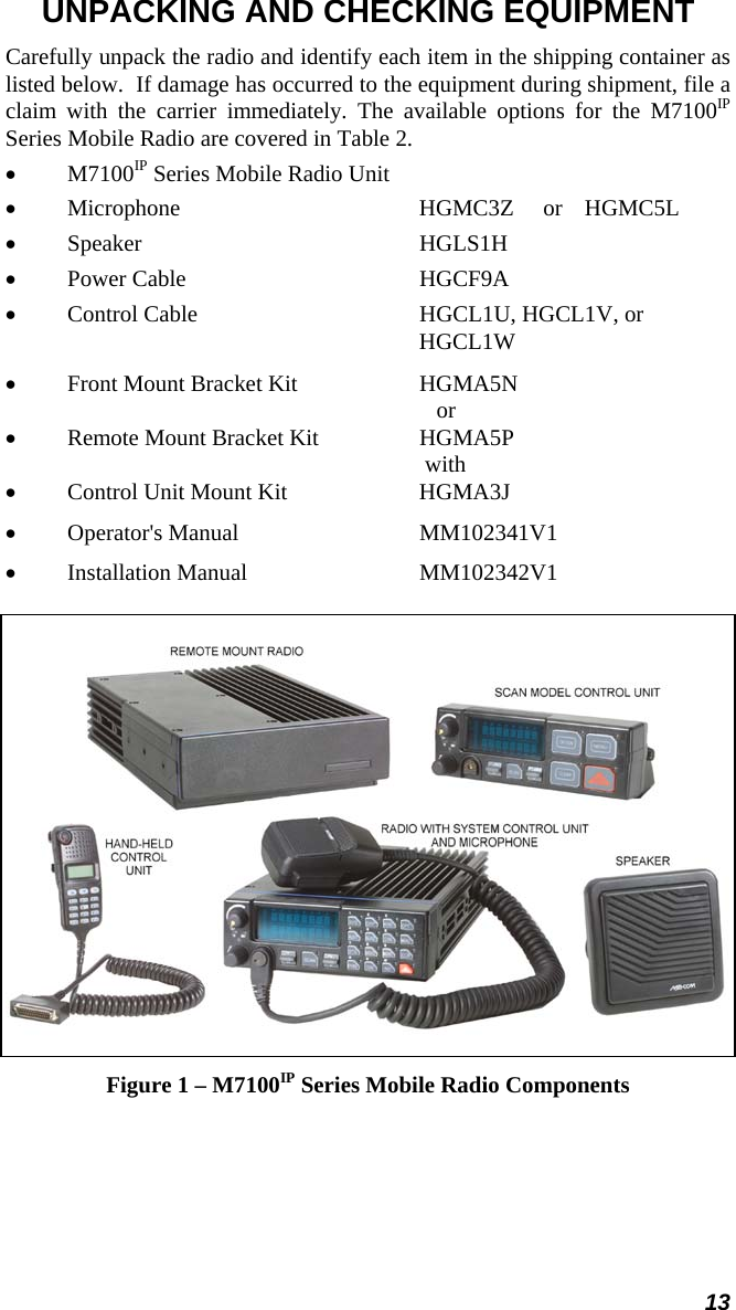 13 UNPACKING AND CHECKING EQUIPMENT Carefully unpack the radio and identify each item in the shipping container as listed below.  If damage has occurred to the equipment during shipment, file a claim with the carrier immediately. The available options for the M7100IP Series Mobile Radio are covered in Table 2. •  M7100IP Series Mobile Radio Unit •  Microphone   HGMC3Z  or   HGMC5L •  Speaker HGLS1H •  Power Cable  HGCF9A •  Control Cable  HGCL1U, HGCL1V, or HGCL1W •  Front Mount Bracket Kit  HGMA5N          or •  Remote Mount Bracket Kit    HGMA5P        with •  Control Unit Mount Kit    HGMA3J • Operator&apos;s Manual   MM102341V1 • Installation Manual   MM102342V1  Figure 1 – M7100IP Series Mobile Radio Components 
