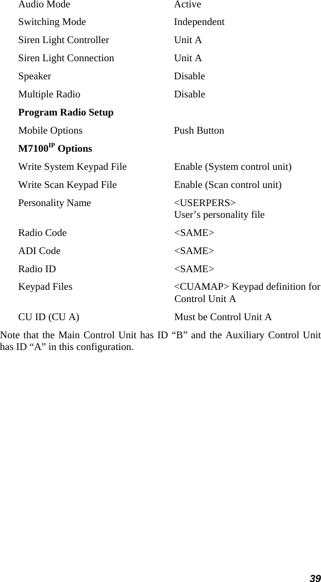 39 Audio Mode  Active Switching Mode  Independent Siren Light Controller  Unit A Siren Light Connection  Unit A Speaker Disable Multiple Radio  Disable Program Radio Setup Mobile Options  Push Button M7100IP Options Write System Keypad File  Enable (System control unit) Write Scan Keypad File  Enable (Scan control unit) Personality Name  &lt;USERPERS&gt; User’s personality file Radio Code  &lt;SAME&gt; ADI Code  &lt;SAME&gt; Radio ID  &lt;SAME&gt; Keypad Files  &lt;CUAMAP&gt; Keypad definition for  Control Unit A CU ID (CU A)  Must be Control Unit A Note that the Main Control Unit has ID “B” and the Auxiliary Control Unit has ID “A” in this configuration.  