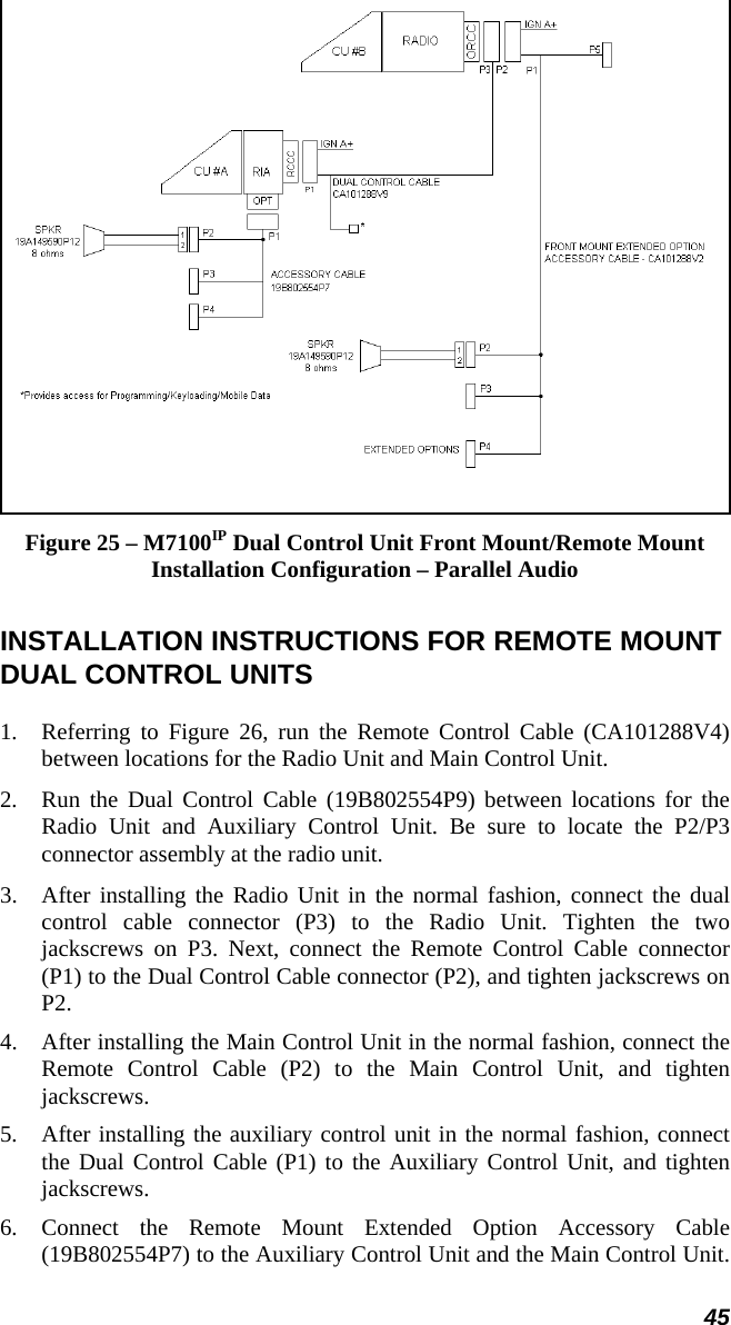 45  Figure 25 – M7100IP Dual Control Unit Front Mount/Remote Mount Installation Configuration – Parallel Audio INSTALLATION INSTRUCTIONS FOR REMOTE MOUNT DUAL CONTROL UNITS 1.  Referring to Figure 26, run the Remote Control Cable (CA101288V4) between locations for the Radio Unit and Main Control Unit. 2.  Run the Dual Control Cable (19B802554P9) between locations for the Radio Unit and Auxiliary Control Unit. Be sure to locate the P2/P3 connector assembly at the radio unit. 3.  After installing the Radio Unit in the normal fashion, connect the dual control cable connector (P3) to the Radio Unit. Tighten the two jackscrews on P3. Next, connect the Remote Control Cable connector (P1) to the Dual Control Cable connector (P2), and tighten jackscrews on P2. 4.  After installing the Main Control Unit in the normal fashion, connect the Remote Control Cable (P2) to the Main Control Unit, and tighten jackscrews. 5.  After installing the auxiliary control unit in the normal fashion, connect the Dual Control Cable (P1) to the Auxiliary Control Unit, and tighten jackscrews. 6. Connect the Remote Mount Extended Option Accessory Cable (19B802554P7) to the Auxiliary Control Unit and the Main Control Unit.  
