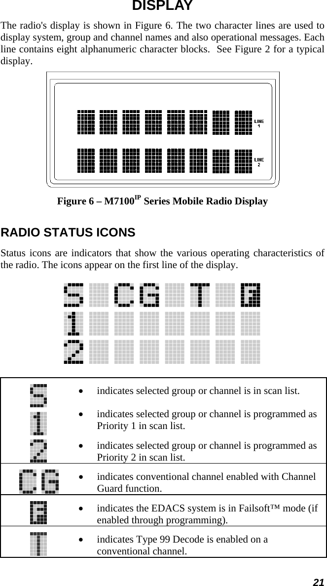 21 DISPLAY The radio&apos;s display is shown in Figure 6. The two character lines are used to display system, group and channel names and also operational messages. Each line contains eight alphanumeric character blocks.  See Figure 2 for a typical display.  Figure 6 – M7100IP Series Mobile Radio Display RADIO STATUS ICONS Status icons are indicators that show the various operating characteristics of the radio. The icons appear on the first line of the display.   •  indicates selected group or channel is in scan list. •  indicates selected group or channel is programmed as Priority 1 in scan list. •  indicates selected group or channel is programmed as Priority 2 in scan list.   •  indicates conventional channel enabled with Channel Guard function.   •  indicates the EDACS system is in Failsoft™ mode (if enabled through programming).   •  indicates Type 99 Decode is enabled on a conventional channel.  
