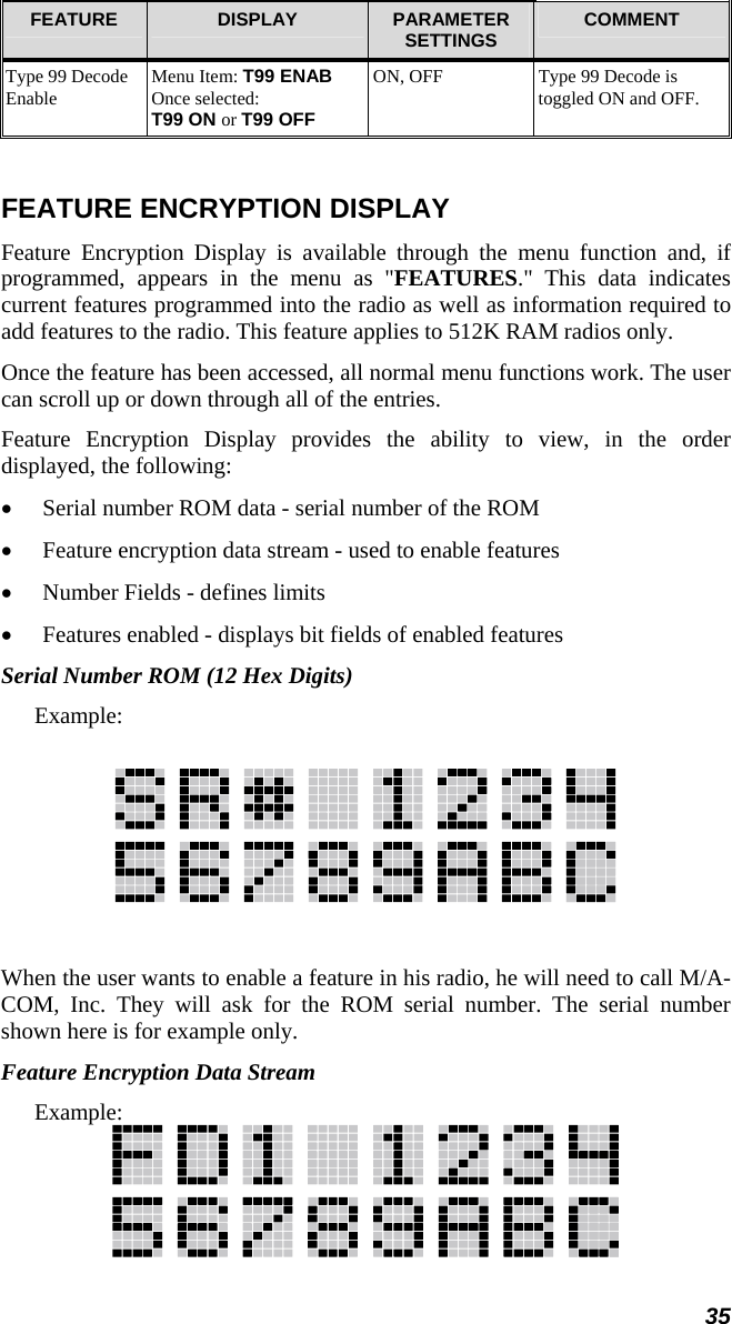 35 FEATURE  DISPLAY  PARAMETER SETTINGS  COMMENT Type 99 Decode Enable  Menu Item: T99 ENAB Once selected: T99 ON or T99 OFF ON, OFF  Type 99 Decode is toggled ON and OFF.  FEATURE ENCRYPTION DISPLAY Feature Encryption Display is available through the menu function and, if programmed, appears in the menu as &quot;FEATURES.&quot; This data indicates current features programmed into the radio as well as information required to add features to the radio. This feature applies to 512K RAM radios only. Once the feature has been accessed, all normal menu functions work. The user can scroll up or down through all of the entries. Feature Encryption Display provides the ability to view, in the order displayed, the following: •  Serial number ROM data - serial number of the ROM •  Feature encryption data stream - used to enable features •  Number Fields - defines limits •  Features enabled - displays bit fields of enabled features Serial Number ROM (12 Hex Digits) Example:    When the user wants to enable a feature in his radio, he will need to call M/A-COM, Inc. They will ask for the ROM serial number. The serial number shown here is for example only. Feature Encryption Data Stream Example:  