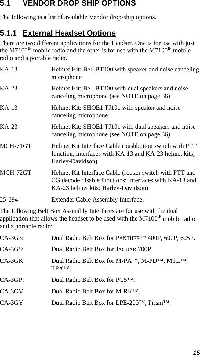  15 5.1  VENDOR DROP SHIP OPTIONS The following is a list of available Vendor drop-ship options. 5.1.1  External Headset Options There are two different applications for the Headset. One is for use with just the M7100IP mobile radio and the other is for use with the M7100IP mobile radio and a portable radio. KA-13  Helmet Kit: Bell BT400 with speaker and noise canceling microphone KA-23  Helmet Kit: Bell BT400 with dual speakers and noise canceling microphone (see NOTE on page 36) KA-13  Helmet Kit: SHOE1 TJ101 with speaker and noise canceling microphone KA-23  Helmet Kit: SHOE1 TJ101 with dual speakers and noise canceling microphone (see NOTE on page 36) MCH-71GT  Helmet Kit Interface Cable (pushbutton switch with PTT function; interfaces with KA-13 and KA-23 helmet kits; Harley-Davidson) MCH-72GT  Helmet Kit Interface Cable (rocker switch with PTT and CG decode disable functions; interfaces with KA-13 and KA-23 helmet kits; Harley-Davidson) 25-694  Extender Cable Assembly Interface. The following Belt Box Assembly Interfaces are for use with the dual application that allows the headset to be used with the M7100IP mobile radio and a portable radio: CA-3G3:  Dual Radio Belt Box for PANTHER™ 400P, 600P, 625P. CA-3G5:  Dual Radio Belt Box for JAGUAR 700P. CA-3GK:   Dual Radio Belt Box for M-PA™, M-PD™, MTL™, TPX™. CA-3GP:   Dual Radio Belt Box for PCS™. CA-3GV:   Dual Radio Belt Box for M-RK™. CA-3GY:  Dual Radio Belt Box for LPE-200™, Prism™.  