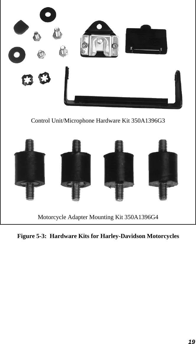  19  Control Unit/Microphone Hardware Kit 350A1396G3  Motorcycle Adapter Mounting Kit 350A1396G4 Figure 5-3:  Hardware Kits for Harley-Davidson Motorcycles 