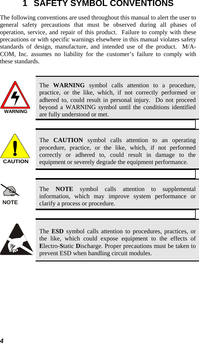 4 1  SAFETY SYMBOL CONVENTIONS The following conventions are used throughout this manual to alert the user to general safety precautions that must be observed during all phases of operation, service, and repair of this product.  Failure to comply with these precautions or with specific warnings elsewhere in this manual violates safety standards of design, manufacture, and intended use of the product.  M/A-COM, Inc. assumes no liability for the customer’s failure to comply with these standards.  WARNING The  WARNING symbol calls attention to a procedure, practice, or the like, which, if not correctly performed or adhered to, could result in personal injury.  Do not proceed beyond a WARNING symbol until the conditions identified are fully understood or met.  CAUTION The  CAUTION symbol calls attention to an operating procedure, practice, or the like, which, if not performed correctly or adhered to, could result in damage to the equipment or severely degrade the equipment performance.  NOTE The  NOTE symbol calls attention to supplemental information, which may improve system performance or clarify a process or procedure.   The  ESD symbol calls attention to procedures, practices, or the like, which could expose equipment to the effects of Electro-Static Discharge. Proper precautions must be taken to prevent ESD when handling circuit modules.  