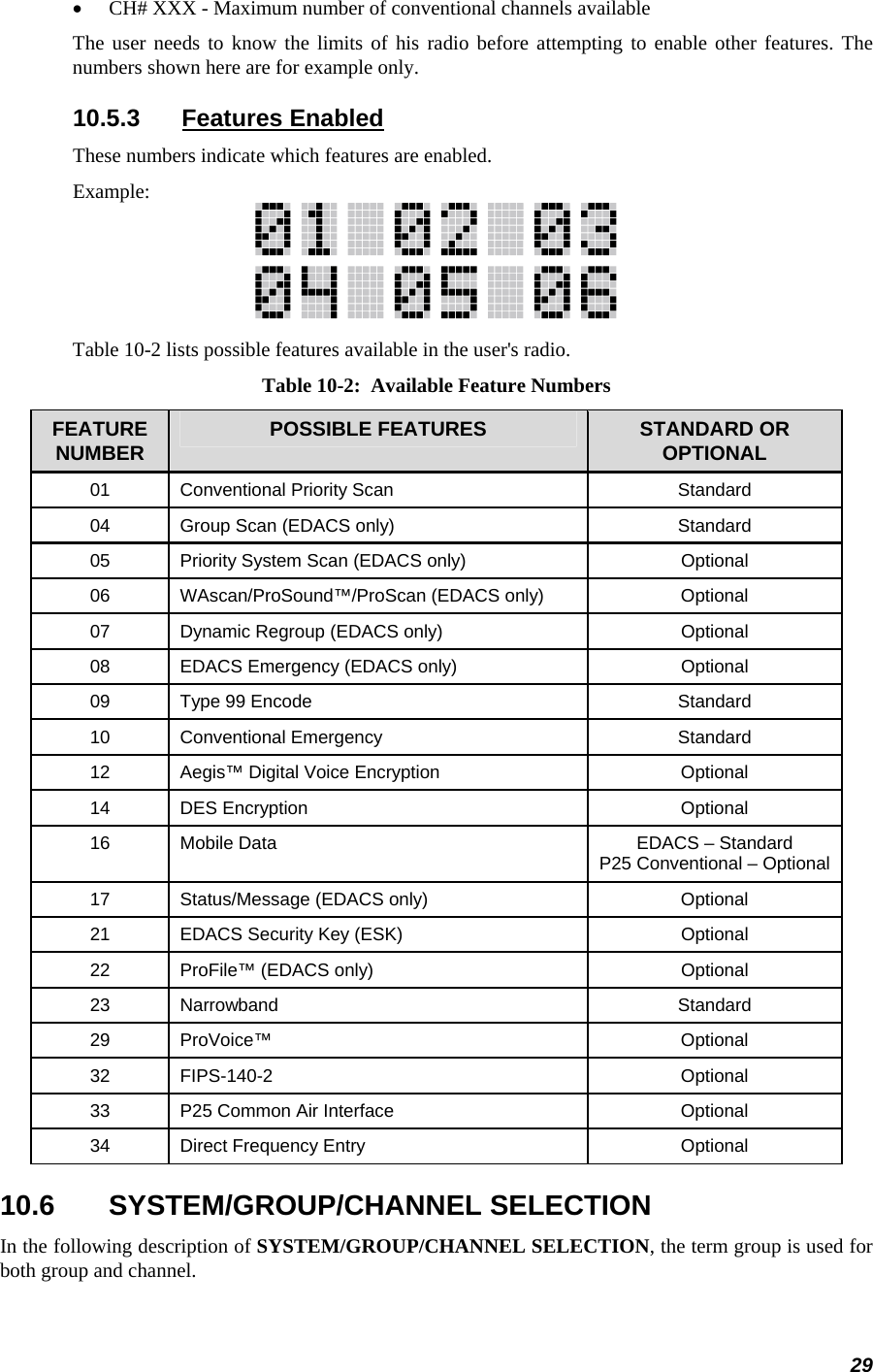 29 •  CH# XXX - Maximum number of conventional channels available The user needs to know the limits of his radio before attempting to enable other features. The numbers shown here are for example only. 10.5.3 Features Enabled These numbers indicate which features are enabled. Example:  Table 10-2 lists possible features available in the user&apos;s radio. Table 10-2:  Available Feature Numbers FEATURE NUMBER  POSSIBLE FEATURES  STANDARD OR OPTIONAL 01  Conventional Priority Scan  Standard 04  Group Scan (EDACS only)  Standard 05  Priority System Scan (EDACS only)  Optional 06  WAscan/ProSound™/ProScan (EDACS only)  Optional 07  Dynamic Regroup (EDACS only)  Optional 08  EDACS Emergency (EDACS only)  Optional 09  Type 99 Encode  Standard 10 Conventional Emergency  Standard 12  Aegis™ Digital Voice Encryption  Optional 14 DES Encryption  Optional 16  Mobile Data   EDACS – Standard P25 Conventional – Optional 17  Status/Message (EDACS only)  Optional 21  EDACS Security Key (ESK)  Optional 22  ProFile™ (EDACS only)  Optional 23 Narrowband  Standard 29 ProVoice™  Optional 32 FIPS-140-2  Optional 33  P25 Common Air Interface  Optional 34  Direct Frequency Entry  Optional 10.6 SYSTEM/GROUP/CHANNEL SELECTION In the following description of SYSTEM/GROUP/CHANNEL SELECTION, the term group is used for both group and channel. 