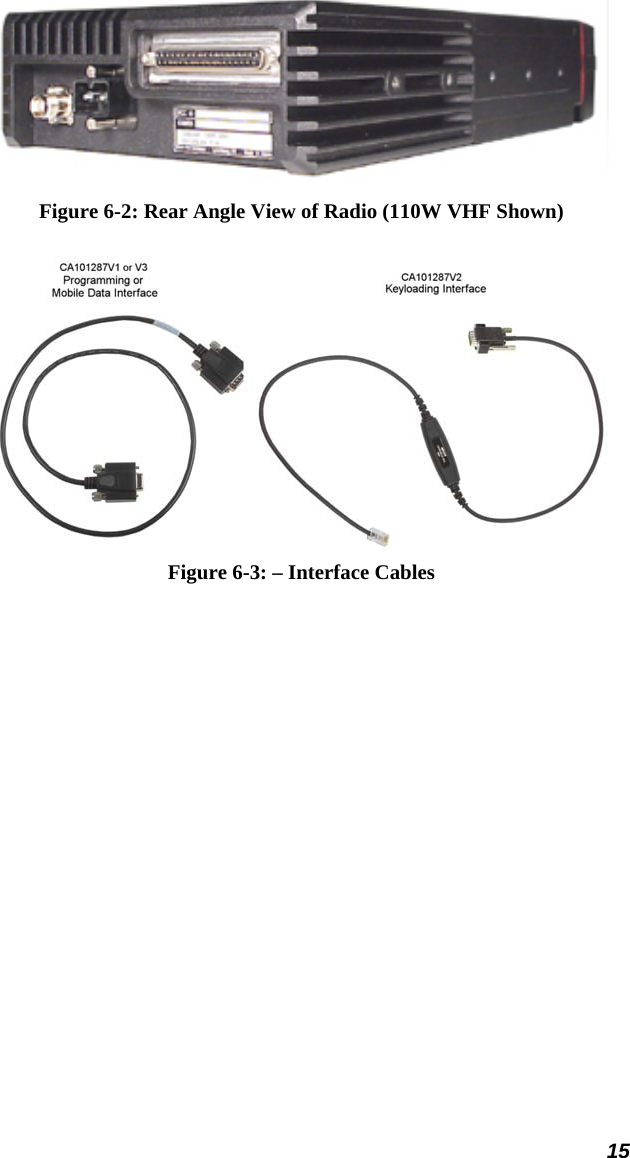 15  Figure 6-2: Rear Angle View of Radio (110W VHF Shown)  Figure 6-3: – Interface Cables 