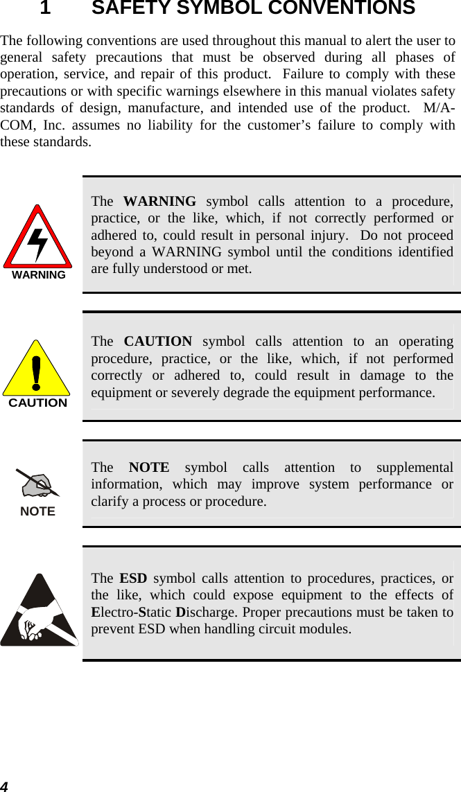 4 1  SAFETY SYMBOL CONVENTIONS The following conventions are used throughout this manual to alert the user to general safety precautions that must be observed during all phases of operation, service, and repair of this product.  Failure to comply with these precautions or with specific warnings elsewhere in this manual violates safety standards of design, manufacture, and intended use of the product.  M/A-COM, Inc. assumes no liability for the customer’s failure to comply with these standards.  WARNING The  WARNING symbol calls attention to a procedure, practice, or the like, which, if not correctly performed or adhered to, could result in personal injury.  Do not proceed beyond a WARNING symbol until the conditions identified are fully understood or met.   CAUTION The  CAUTION symbol calls attention to an operating procedure, practice, or the like, which, if not performed correctly or adhered to, could result in damage to the equipment or severely degrade the equipment performance.   NOTE The  NOTE symbol calls attention to supplemental information, which may improve system performance or clarify a process or procedure.    The  ESD symbol calls attention to procedures, practices, or the like, which could expose equipment to the effects of Electro-Static Discharge. Proper precautions must be taken to prevent ESD when handling circuit modules.  