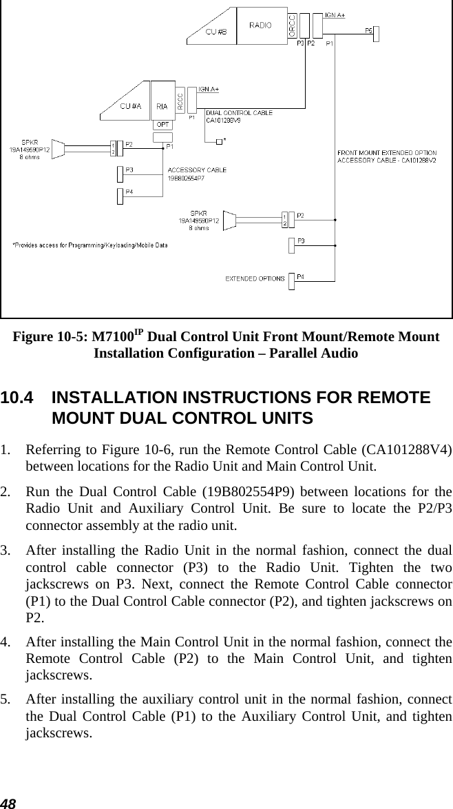 48  Figure 10-5: M7100IP Dual Control Unit Front Mount/Remote Mount Installation Configuration – Parallel Audio 10.4  INSTALLATION INSTRUCTIONS FOR REMOTE MOUNT DUAL CONTROL UNITS 1.  Referring to Figure 10-6, run the Remote Control Cable (CA101288V4) between locations for the Radio Unit and Main Control Unit. 2.  Run the Dual Control Cable (19B802554P9) between locations for the Radio Unit and Auxiliary Control Unit. Be sure to locate the P2/P3 connector assembly at the radio unit. 3.  After installing the Radio Unit in the normal fashion, connect the dual control cable connector (P3) to the Radio Unit. Tighten the two jackscrews on P3. Next, connect the Remote Control Cable connector (P1) to the Dual Control Cable connector (P2), and tighten jackscrews on P2. 4.  After installing the Main Control Unit in the normal fashion, connect the Remote Control Cable (P2) to the Main Control Unit, and tighten jackscrews. 5.  After installing the auxiliary control unit in the normal fashion, connect the Dual Control Cable (P1) to the Auxiliary Control Unit, and tighten jackscrews. 