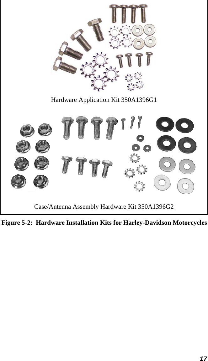  17  Hardware Application Kit 350A1396G1  Case/Antenna Assembly Hardware Kit 350A1396G2 Figure 5-2:  Hardware Installation Kits for Harley-Davidson Motorcycles 