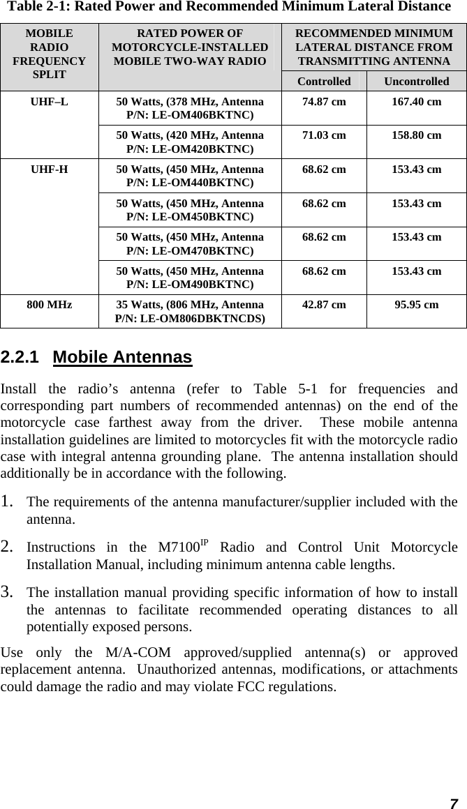  7 Table 2-1: Rated Power and Recommended Minimum Lateral Distance RECOMMENDED MINIMUM LATERAL DISTANCE FROM TRANSMITTING ANTENNA MOBILE RADIO FREQUENCY SPLIT RATED POWER OF MOTORCYCLE-INSTALLED MOBILE TWO-WAY RADIO Controlled  Uncontrolled 50 Watts, (378 MHz, Antenna P/N: LE-OM406BKTNC)  74.87 cm  167.40 cm UHF–L 50 Watts, (420 MHz, Antenna P/N: LE-OM420BKTNC)  71.03 cm  158.80 cm 50 Watts, (450 MHz, Antenna P/N: LE-OM440BKTNC)  68.62 cm  153.43 cm 50 Watts, (450 MHz, Antenna P/N: LE-OM450BKTNC)  68.62 cm  153.43 cm 50 Watts, (450 MHz, Antenna P/N: LE-OM470BKTNC)  68.62 cm  153.43 cm UHF-H 50 Watts, (450 MHz, Antenna P/N: LE-OM490BKTNC)  68.62 cm  153.43 cm 800 MHz  35 Watts, (806 MHz, Antenna P/N: LE-OM806DBKTNCDS)  42.87 cm  95.95 cm 2.2.1 Mobile Antennas Install the radio’s antenna (refer to Table 5-1 for frequencies and corresponding part numbers of recommended antennas) on the end of the motorcycle case farthest away from the driver.  These mobile antenna installation guidelines are limited to motorcycles fit with the motorcycle radio case with integral antenna grounding plane.  The antenna installation should additionally be in accordance with the following. 1.  The requirements of the antenna manufacturer/supplier included with the antenna. 2.  Instructions in the M7100IP Radio and Control Unit Motorcycle Installation Manual, including minimum antenna cable lengths. 3.  The installation manual providing specific information of how to install the antennas to facilitate recommended operating distances to all potentially exposed persons. Use only the M/A-COM approved/supplied antenna(s) or approved replacement antenna.  Unauthorized antennas, modifications, or attachments could damage the radio and may violate FCC regulations. 