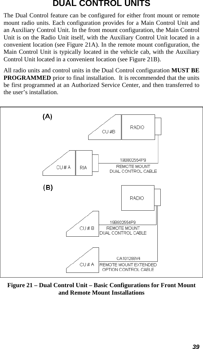 39 DUAL CONTROL UNITS The Dual Control feature can be configured for either front mount or remote mount radio units. Each configuration provides for a Main Control Unit and an Auxiliary Control Unit. In the front mount configuration, the Main Control Unit is on the Radio Unit itself, with the Auxiliary Control Unit located in a convenient location (see Figure 21A). In the remote mount configuration, the Main Control Unit is typically located in the vehicle cab, with the Auxiliary Control Unit located in a convenient location (see Figure 21B). All radio units and control units in the Dual Control configuration MUST BE PROGRAMMED prior to final installation.  It is recommended that the units be first programmed at an Authorized Service Center, and then transferred to the user’s installation.    Figure 21 – Dual Control Unit – Basic Configurations for Front Mount and Remote Mount Installations 