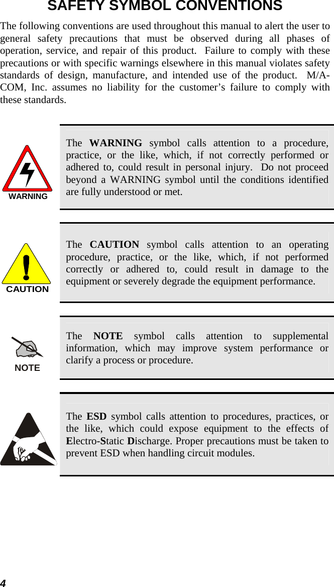 4 SAFETY SYMBOL CONVENTIONS The following conventions are used throughout this manual to alert the user to general safety precautions that must be observed during all phases of operation, service, and repair of this product.  Failure to comply with these precautions or with specific warnings elsewhere in this manual violates safety standards of design, manufacture, and intended use of the product.  M/A-COM, Inc. assumes no liability for the customer’s failure to comply with these standards.  WARNING The  WARNING symbol calls attention to a procedure, practice, or the like, which, if not correctly performed or adhered to, could result in personal injury.  Do not proceed beyond a WARNING symbol until the conditions identified are fully understood or met.   CAUTION The  CAUTION symbol calls attention to an operating procedure, practice, or the like, which, if not performed correctly or adhered to, could result in damage to the equipment or severely degrade the equipment performance.   NOTE The  NOTE symbol calls attention to supplemental information, which may improve system performance or clarify a process or procedure.    The  ESD symbol calls attention to procedures, practices, or the like, which could expose equipment to the effects of Electro-Static Discharge. Proper precautions must be taken to prevent ESD when handling circuit modules.  