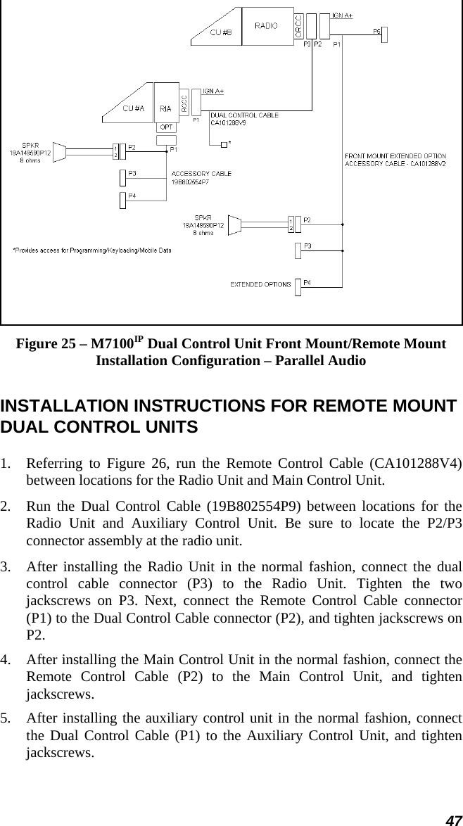 47  Figure 25 – M7100IP Dual Control Unit Front Mount/Remote Mount Installation Configuration – Parallel Audio INSTALLATION INSTRUCTIONS FOR REMOTE MOUNT DUAL CONTROL UNITS 1.  Referring to Figure 26, run the Remote Control Cable (CA101288V4) between locations for the Radio Unit and Main Control Unit. 2.  Run the Dual Control Cable (19B802554P9) between locations for the Radio Unit and Auxiliary Control Unit. Be sure to locate the P2/P3 connector assembly at the radio unit. 3.  After installing the Radio Unit in the normal fashion, connect the dual control cable connector (P3) to the Radio Unit. Tighten the two jackscrews on P3. Next, connect the Remote Control Cable connector (P1) to the Dual Control Cable connector (P2), and tighten jackscrews on P2. 4.  After installing the Main Control Unit in the normal fashion, connect the Remote Control Cable (P2) to the Main Control Unit, and tighten jackscrews. 5.  After installing the auxiliary control unit in the normal fashion, connect the Dual Control Cable (P1) to the Auxiliary Control Unit, and tighten jackscrews. 