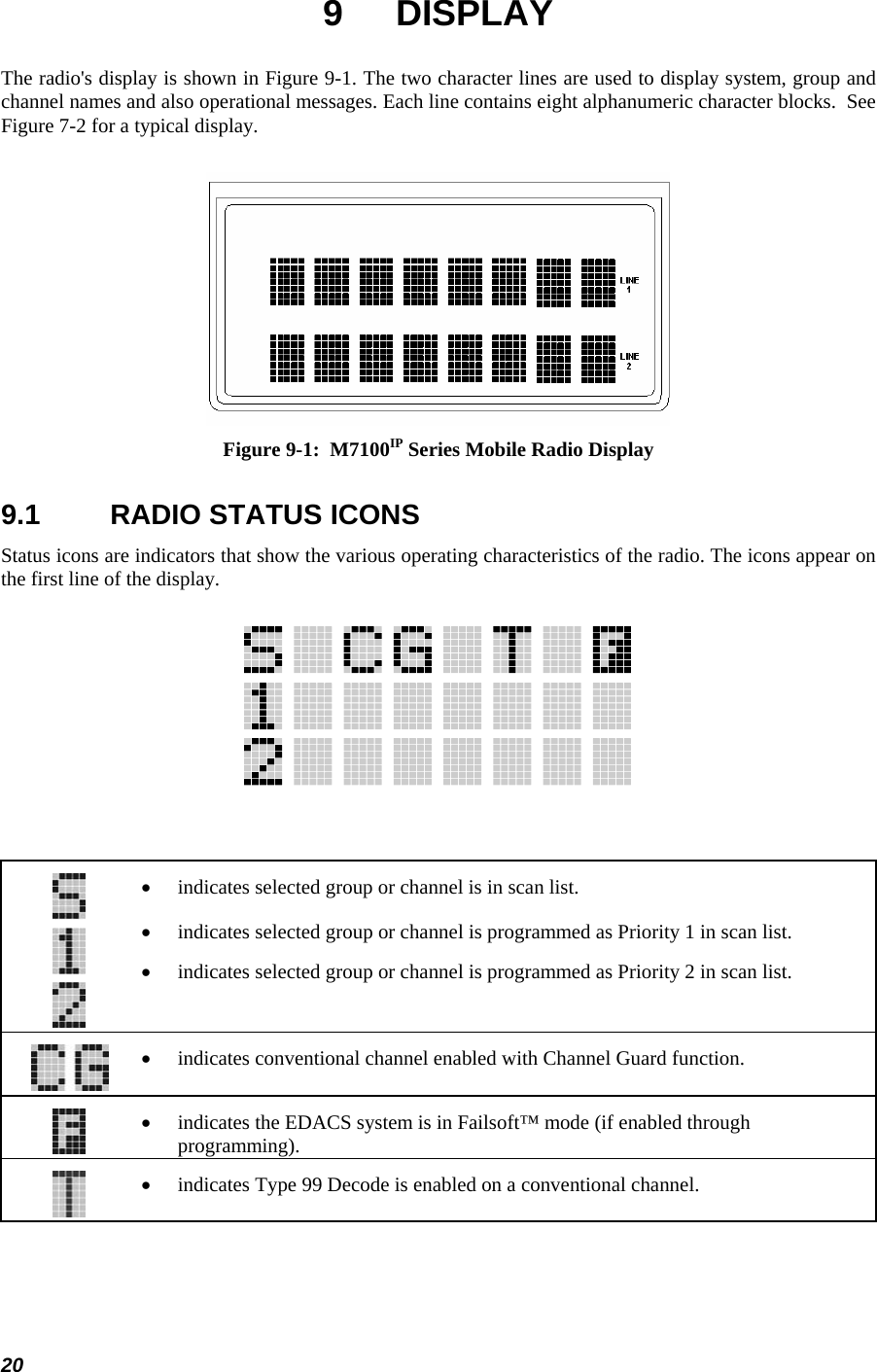  20 9 DISPLAY The radio&apos;s display is shown in Figure 9-1. The two character lines are used to display system, group and channel names and also operational messages. Each line contains eight alphanumeric character blocks.  See Figure 7-2 for a typical display.   Figure 9-1:  M7100IP Series Mobile Radio Display 9.1  RADIO STATUS ICONS Status icons are indicators that show the various operating characteristics of the radio. The icons appear on the first line of the display.     • indicates selected group or channel is in scan list. • indicates selected group or channel is programmed as Priority 1 in scan list. • indicates selected group or channel is programmed as Priority 2 in scan list.   • indicates conventional channel enabled with Channel Guard function.   • indicates the EDACS system is in Failsoft™ mode (if enabled through programming).   • indicates Type 99 Decode is enabled on a conventional channel.  