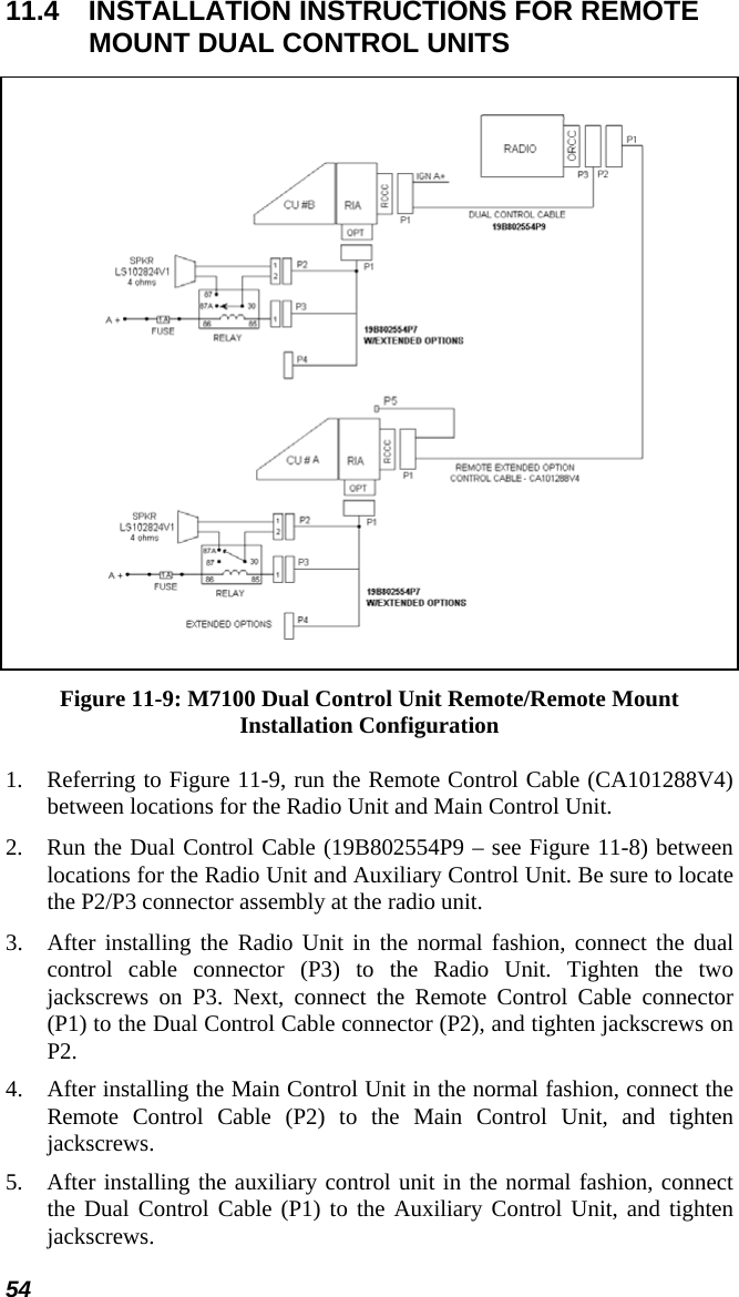 54 11.4  INSTALLATION INSTRUCTIONS FOR REMOTE MOUNT DUAL CONTROL UNITS  Figure 11-9: M7100 Dual Control Unit Remote/Remote Mount Installation Configuration 1.  Referring to Figure 11-9, run the Remote Control Cable (CA101288V4) between locations for the Radio Unit and Main Control Unit. 2.  Run the Dual Control Cable (19B802554P9 – see Figure 11-8) between locations for the Radio Unit and Auxiliary Control Unit. Be sure to locate the P2/P3 connector assembly at the radio unit. 3.  After installing the Radio Unit in the normal fashion, connect the dual control cable connector (P3) to the Radio Unit. Tighten the two jackscrews on P3. Next, connect the Remote Control Cable connector (P1) to the Dual Control Cable connector (P2), and tighten jackscrews on P2. 4.  After installing the Main Control Unit in the normal fashion, connect the Remote Control Cable (P2) to the Main Control Unit, and tighten jackscrews. 5.  After installing the auxiliary control unit in the normal fashion, connect the Dual Control Cable (P1) to the Auxiliary Control Unit, and tighten jackscrews. 