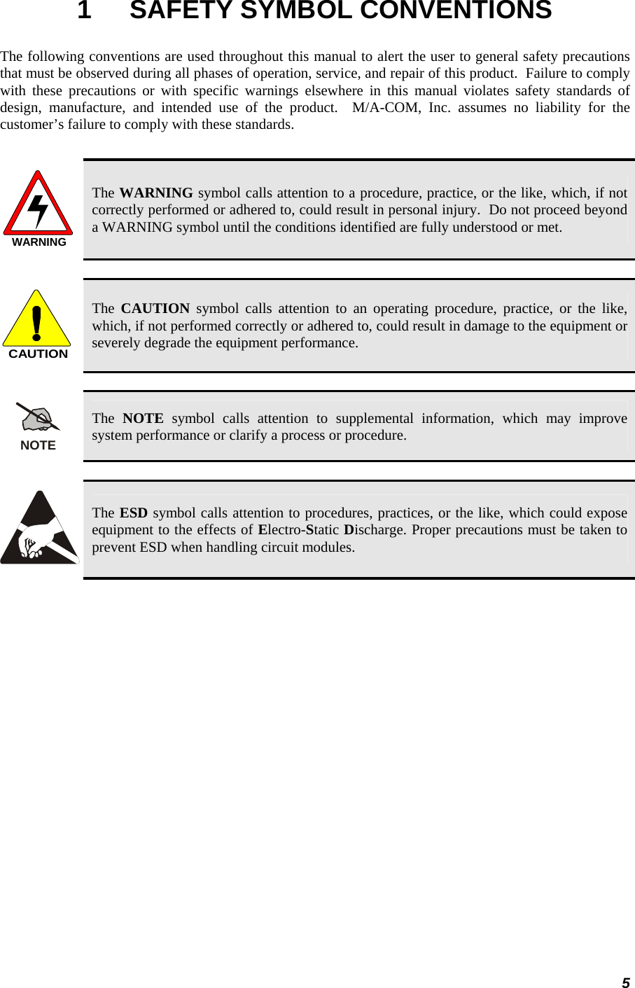 5 1  SAFETY SYMBOL CONVENTIONS The following conventions are used throughout this manual to alert the user to general safety precautions that must be observed during all phases of operation, service, and repair of this product.  Failure to comply with these precautions or with specific warnings elsewhere in this manual violates safety standards of design, manufacture, and intended use of the product.  M/A-COM, Inc. assumes no liability for the customer’s failure to comply with these standards.  WARNING The WARNING symbol calls attention to a procedure, practice, or the like, which, if not correctly performed or adhered to, could result in personal injury.  Do not proceed beyond a WARNING symbol until the conditions identified are fully understood or met.   CAUTION The  CAUTION symbol calls attention to an operating procedure, practice, or the like, which, if not performed correctly or adhered to, could result in damage to the equipment or severely degrade the equipment performance.   NOTE The  NOTE symbol calls attention to supplemental information, which may improve system performance or clarify a process or procedure.    The ESD symbol calls attention to procedures, practices, or the like, which could expose equipment to the effects of Electro-Static Discharge. Proper precautions must be taken to prevent ESD when handling circuit modules.  