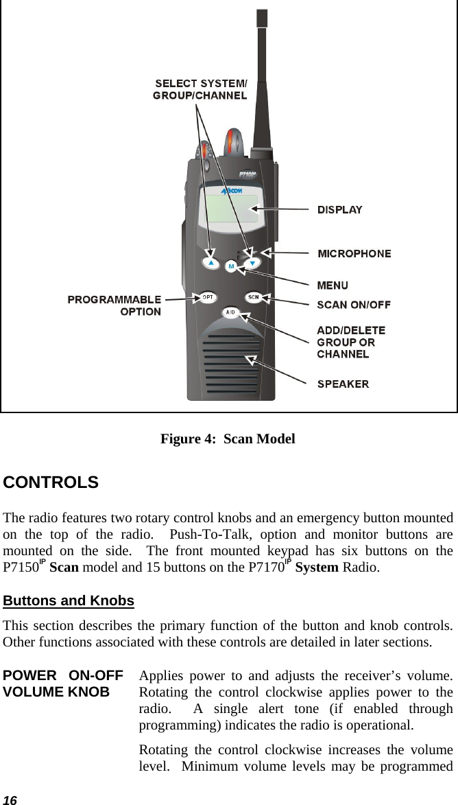  Figure 4:  Scan Model CONTROLS The radio features two rotary control knobs and an emergency button mounted on the top of the radio.  Push-To-Talk, option and monitor buttons are mounted on the side.  The front mounted keypad has six buttons on the P7150IP Scan model and 15 buttons on the P7170IP System Radio.    Buttons and Knobs This section describes the primary function of the button and knob controls.  Other functions associated with these controls are detailed in later sections. POWER ON-OFF VOLUME KNOB  Applies power to and adjusts the receiver’s volume.  Rotating the control clockwise applies power to the radio.  A single alert tone (if enabled through programming) indicates the radio is operational. Rotating the control clockwise increases the volume level.  Minimum volume levels may be programmed 16 